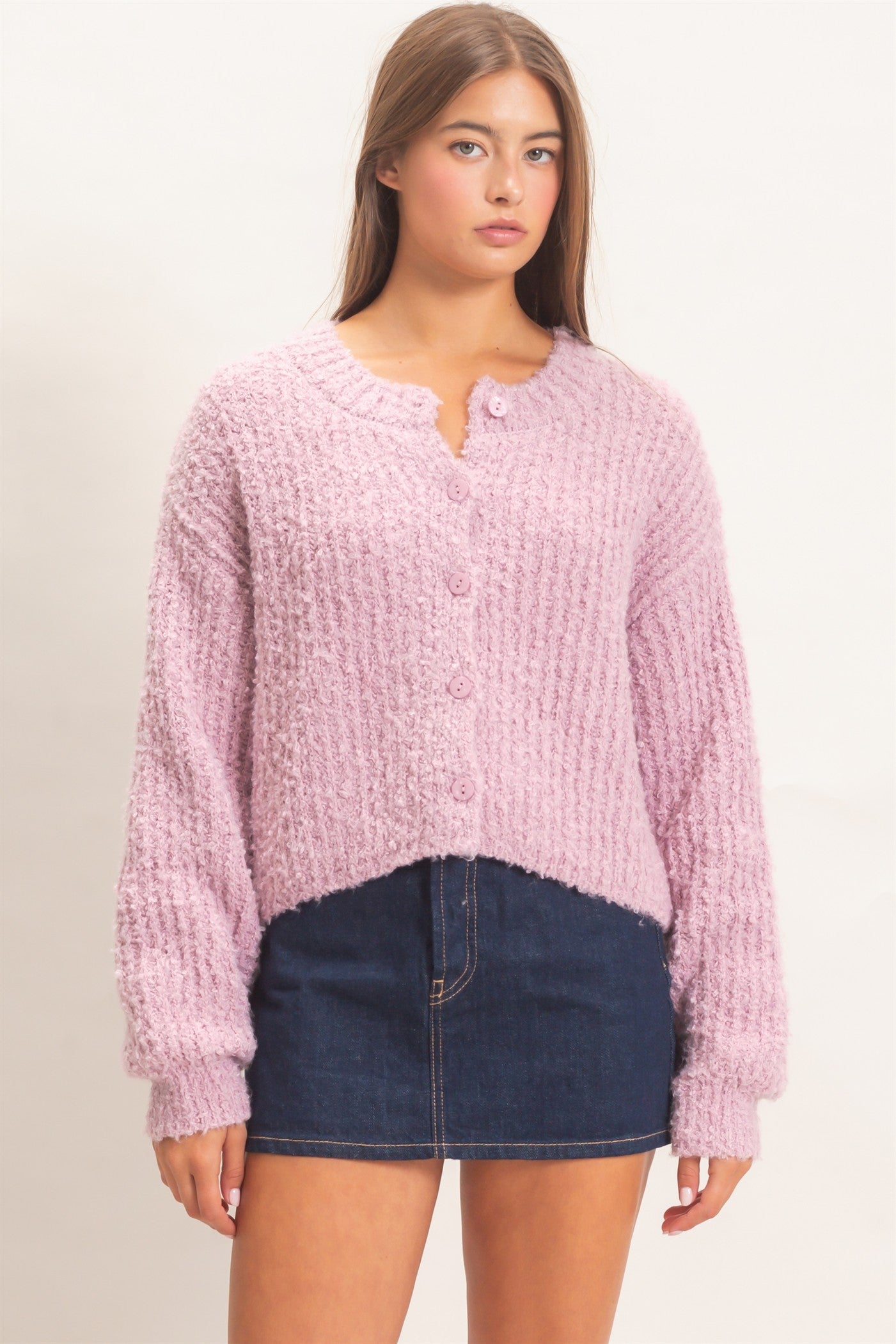 Wholesale Boucle Knit Button Front Cardigan Cardigans DZ26E270 PINK FROST DOUBLE ZERO