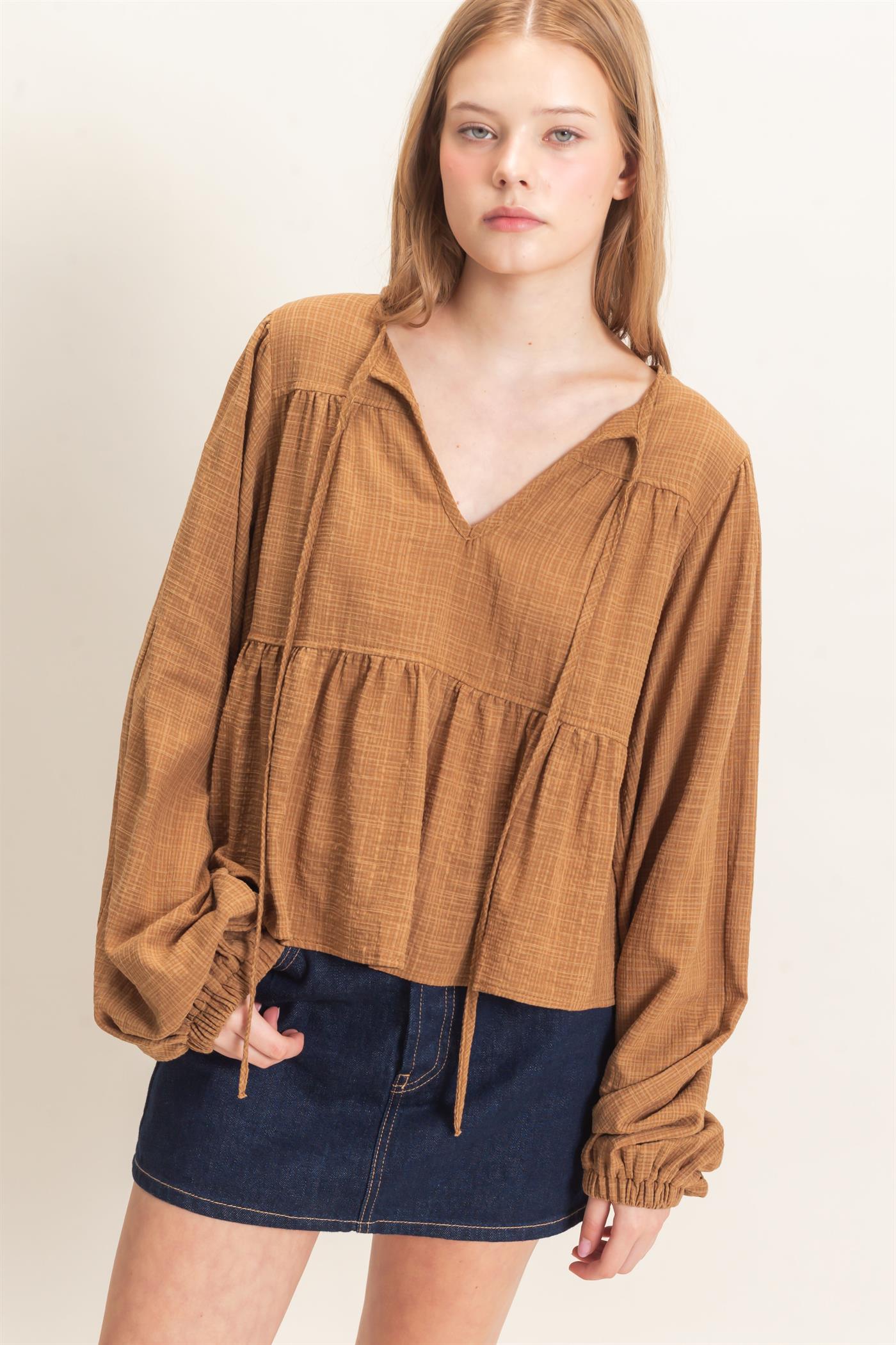 Wholesale Tie Front Peplum Blouse Blouses HF26F065 BROWN HYFVE