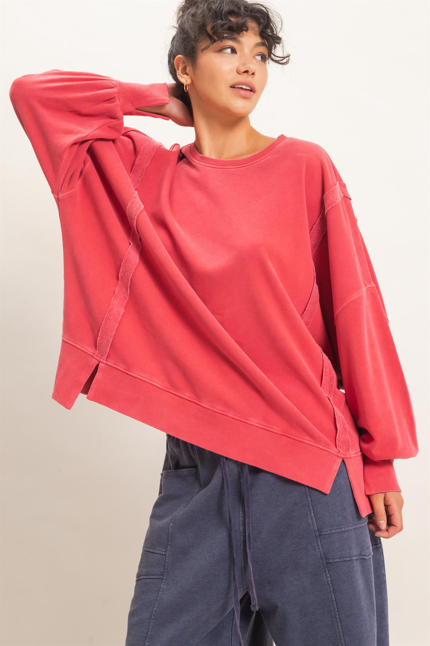 Wholesale Pigment  Dye Oversized Raw Edge Sweatshirt Sweatshirts DZ26C737 DARK RED DOUBLE ZERO
