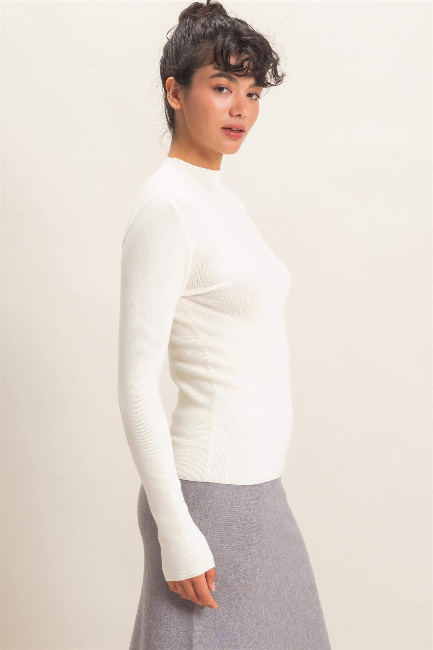 Wholesale Ribbed Mock Neck Long Sleeve Knit Top Clothing Tops DZ26F201 WHIP CREAM DOUBLE ZERO