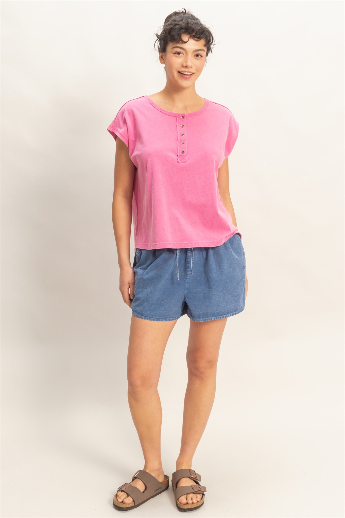 Wholesale Henley Neck Cap Sleeve Top Clothing Tops DZ26E279 FUCHSIA DOUBLE ZERO