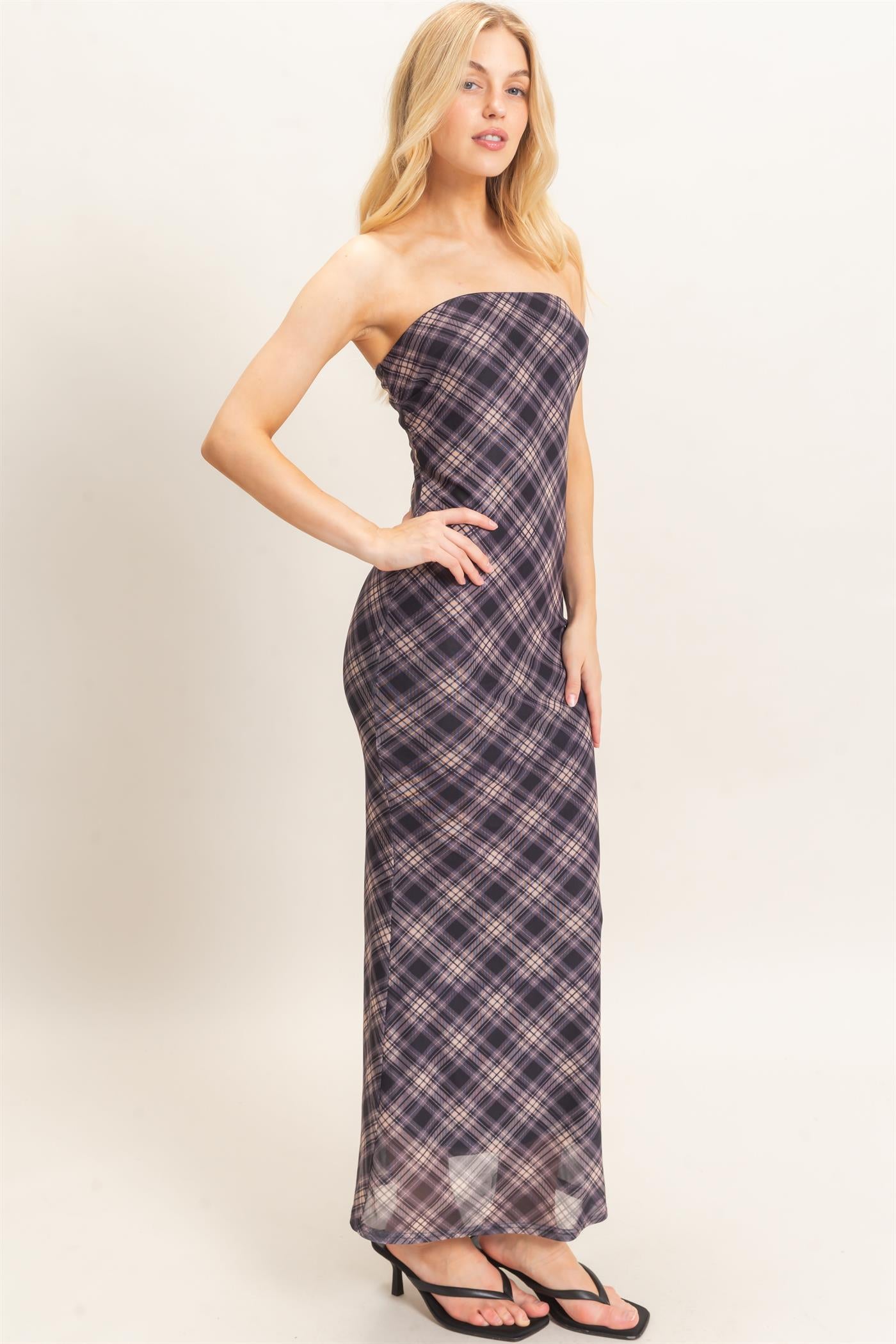 Wholesale Strapless Printed Mesh Maxi Dress Dresses HF26F212 BLACK/PLAID HYFVE