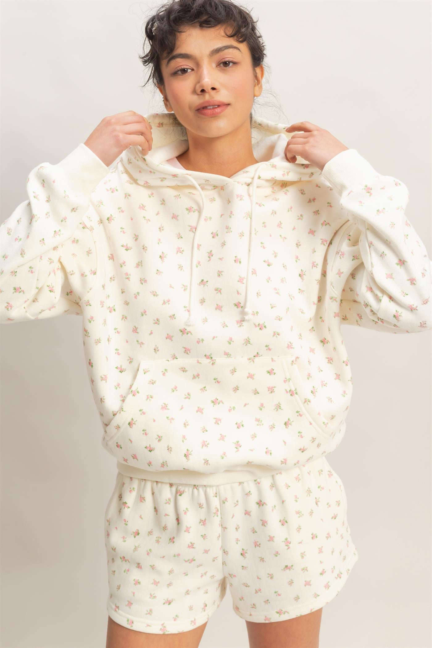 Wholesale Ditsy Floral French Terry Hoodie Sweatshirts DZ26C392 PINK DOUBLE ZERO