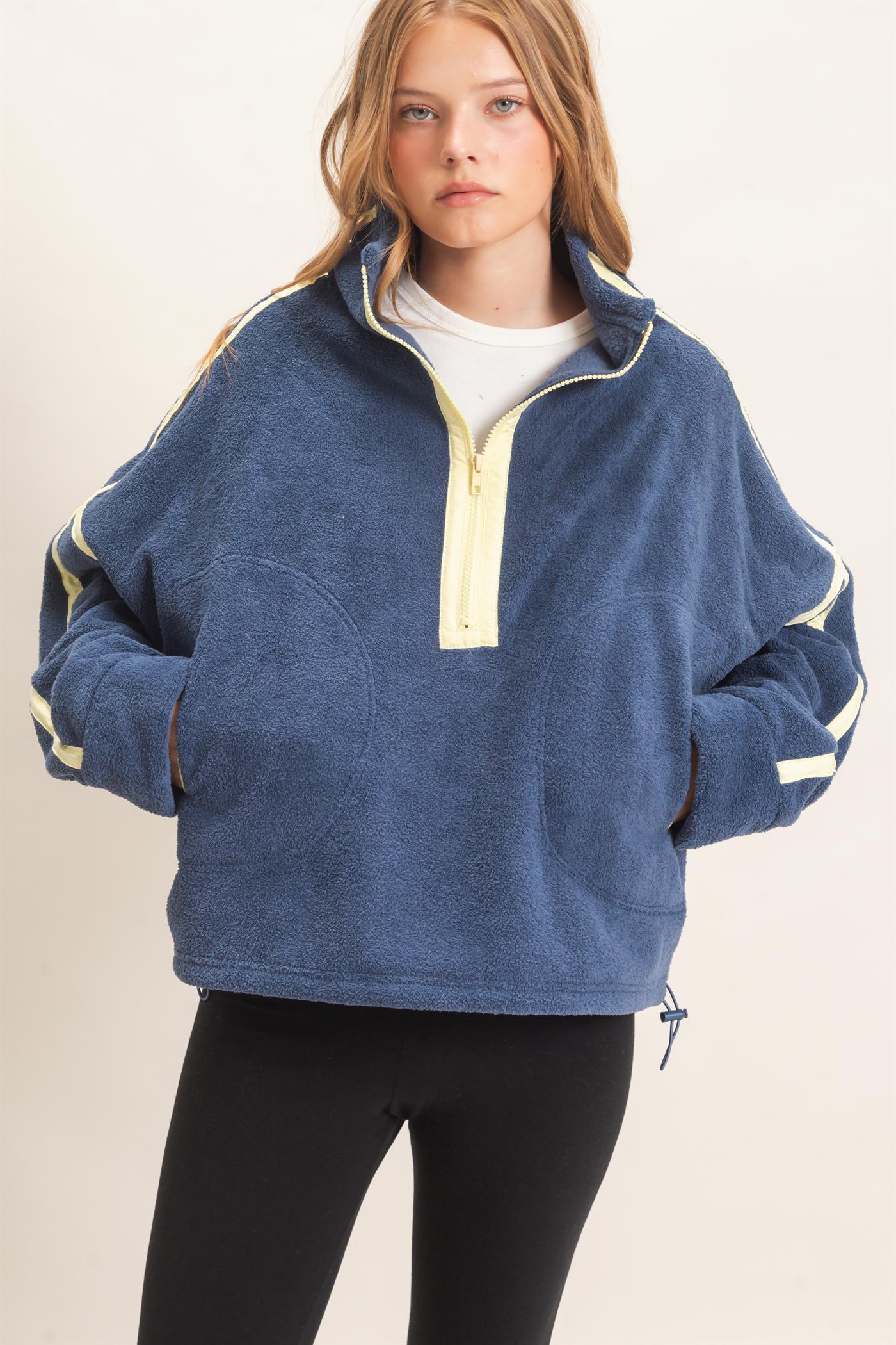 Wholesale Contrast Trim Half-Zip Fleece Pullover Outerwear HF26F206-D NAVY HYFVE