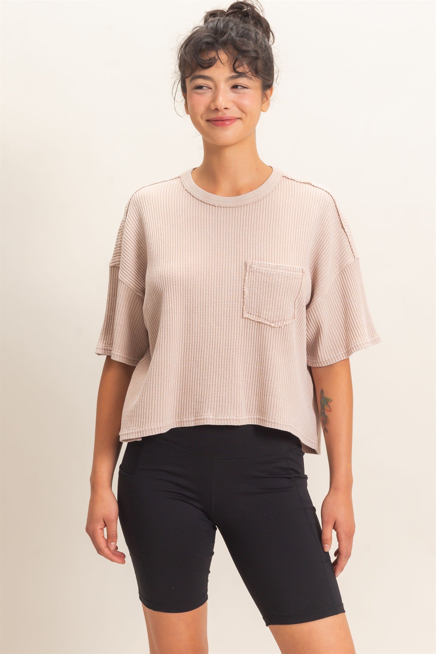Wholesale Mineral Wash Waffle Knit Pocket Top Clothing Tops DZ26E222 DARK TAUPE DOUBLE ZERO