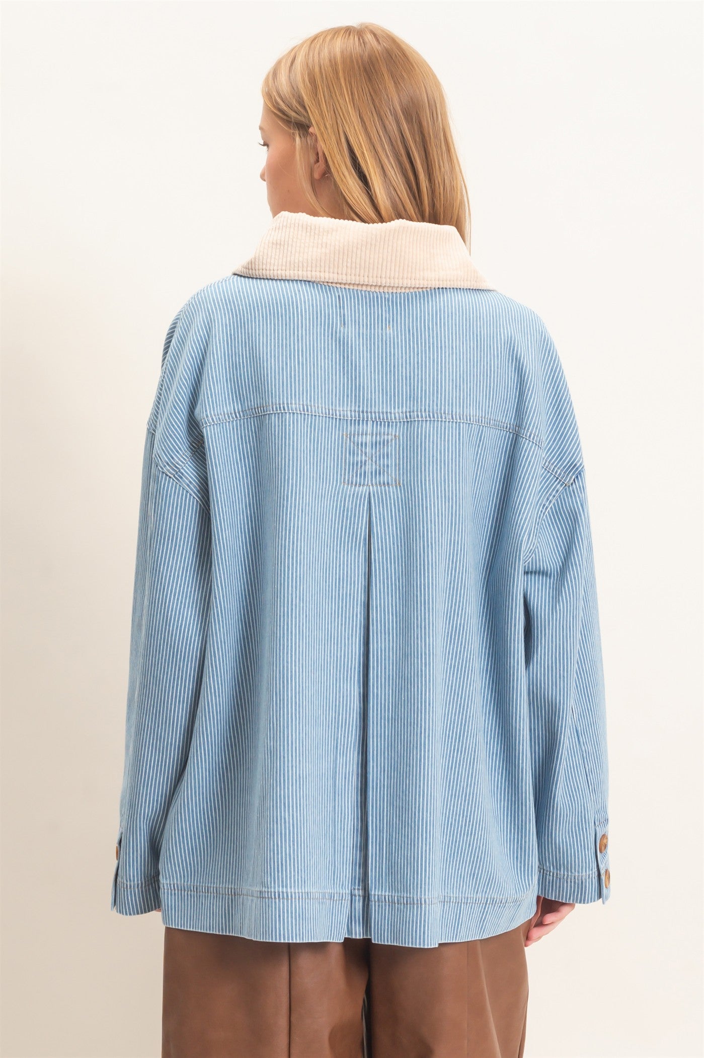 Wholesale Pinstripe Denim Jacket Coats & Jackets HF26C006 LIGHT DENIM HYFVE