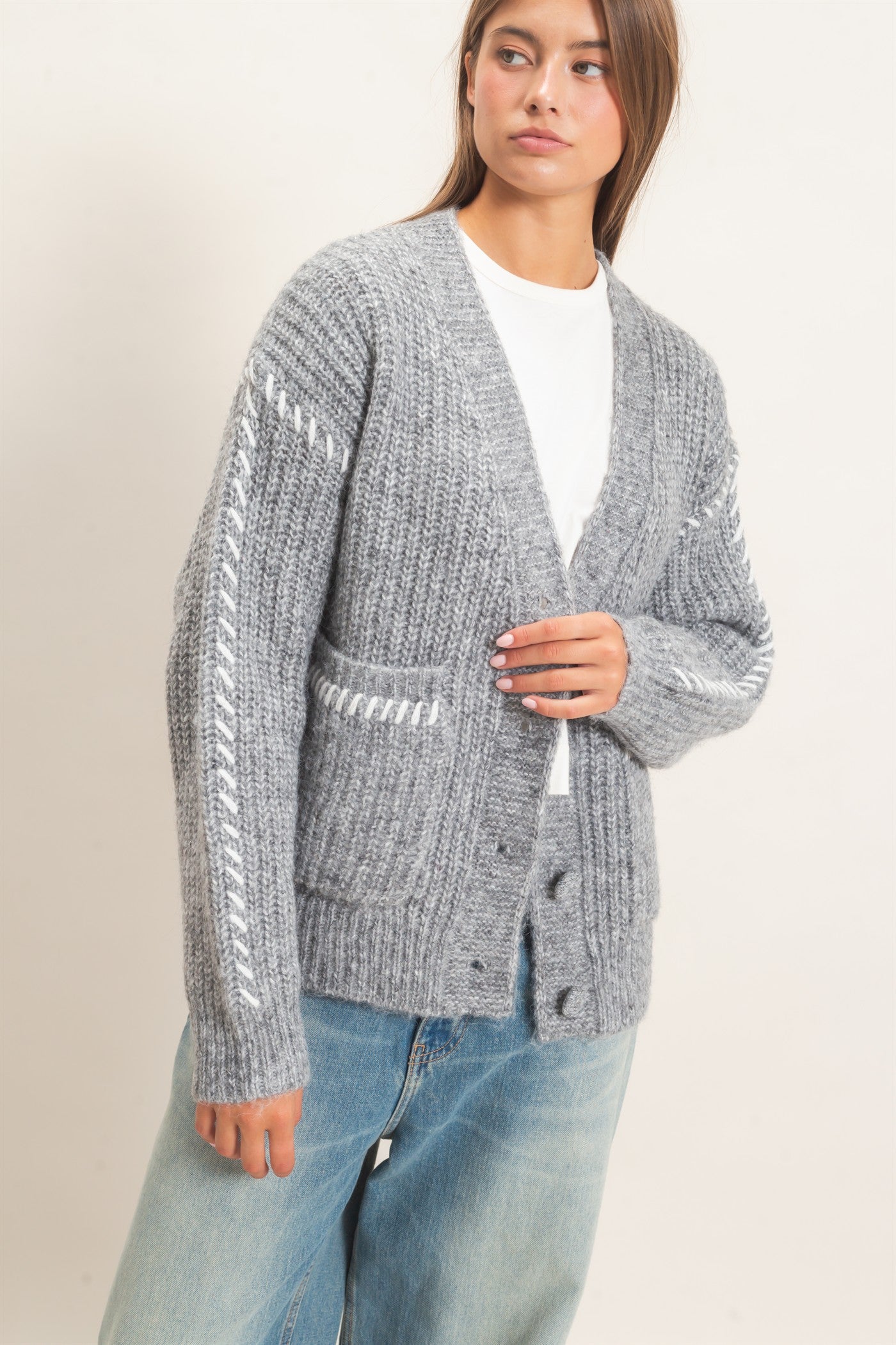 Wholesale Blanket Stitch Oversized Sweater Cardigan Cardigans DZ26E296 HEATHER GRAY DOUBLE ZERO