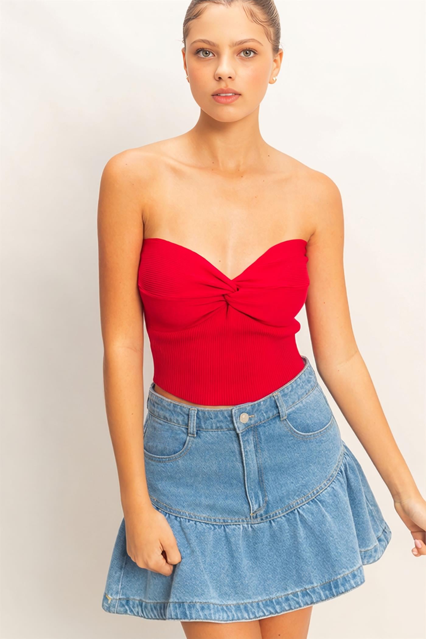 Wholesale Ribbed Knot Bustier Top Clothing Tops DZ26A308 RED DOUBLE ZERO
