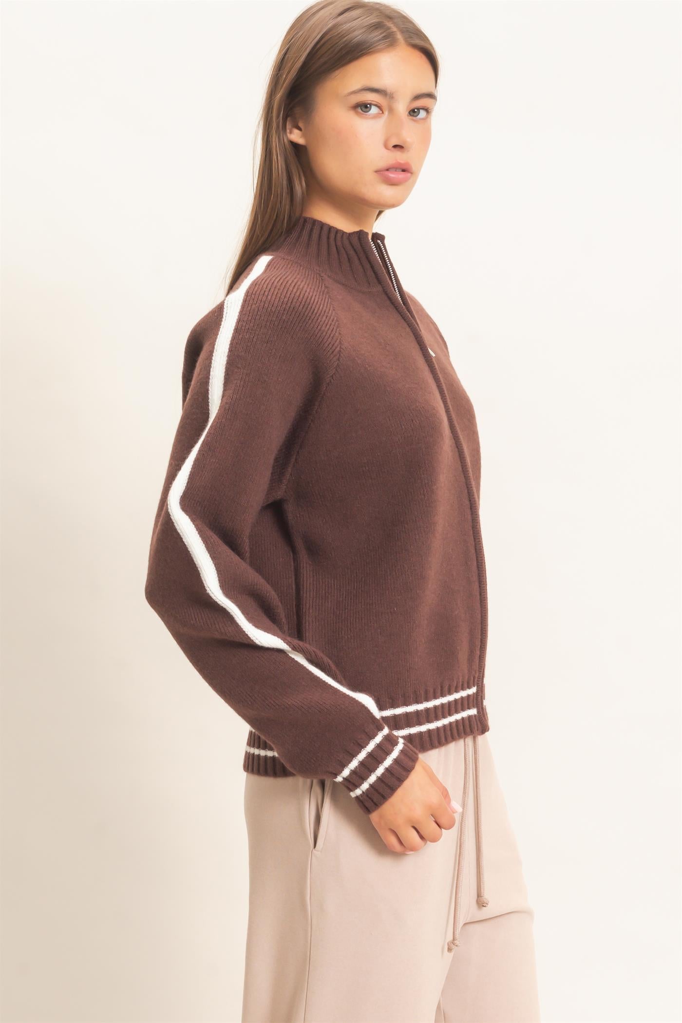 Wholesale Contrast Stripe Zip-Up Sweater Sweaters DZ26E861 DARK BROWN DOUBLE ZERO