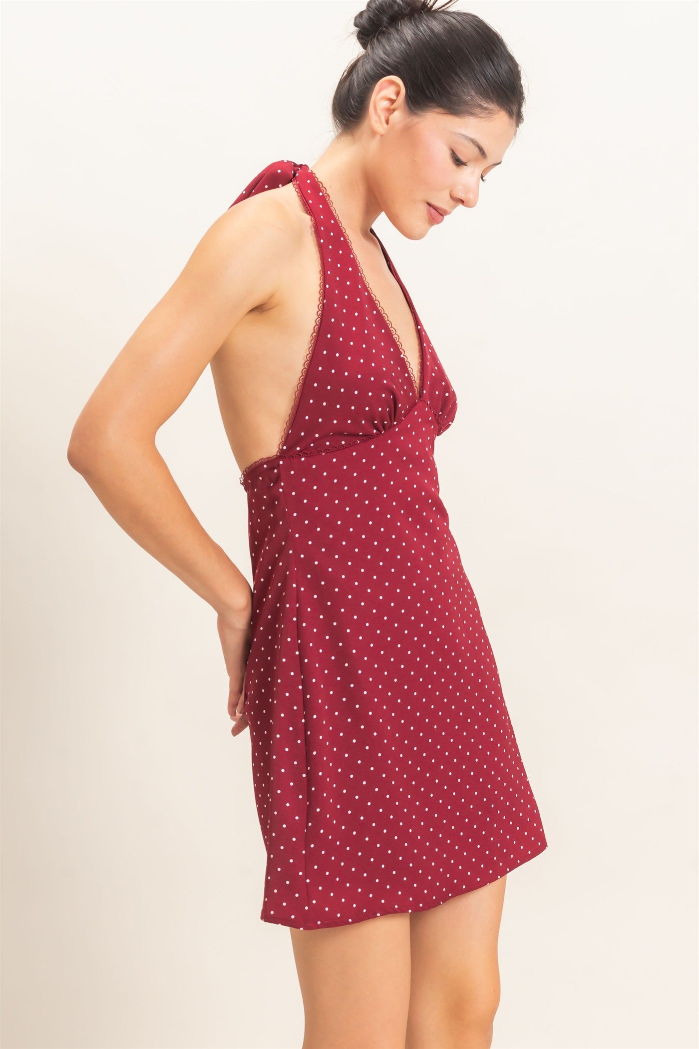 Wholesale Polka Dot Halter Dress Dresses HF26F027 BURGUNDY HYFVE