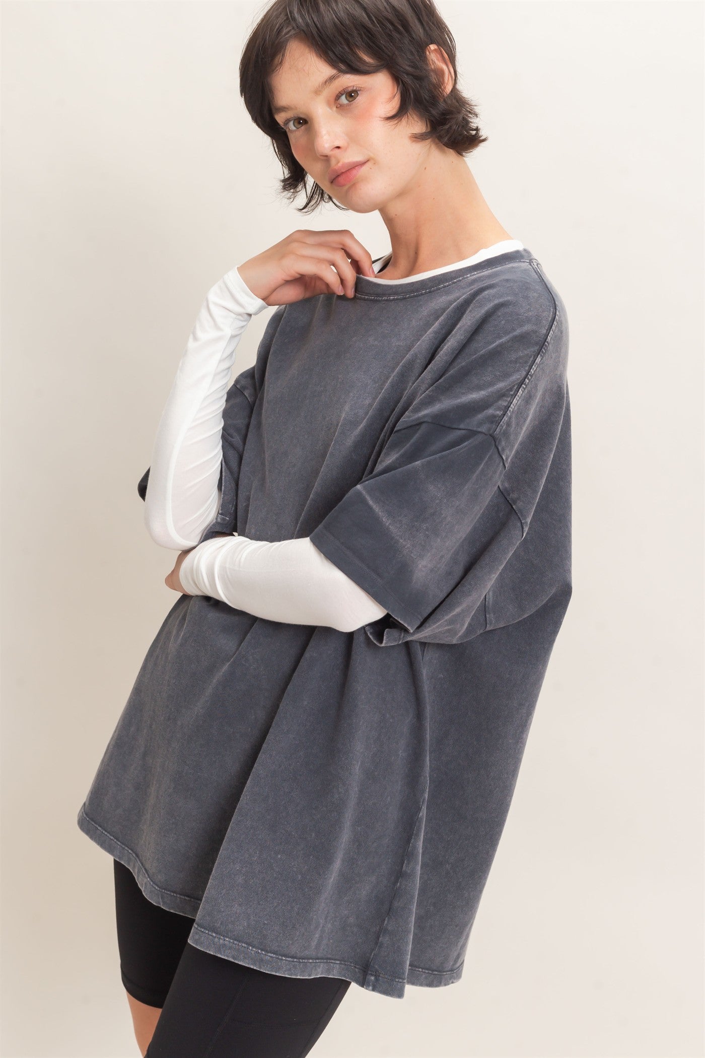 Wholesale Mineral Wash Oversized Crew Neck T-Shirts Clothing Tops DZ26C961 CHARCOAL DOUBLE ZERO