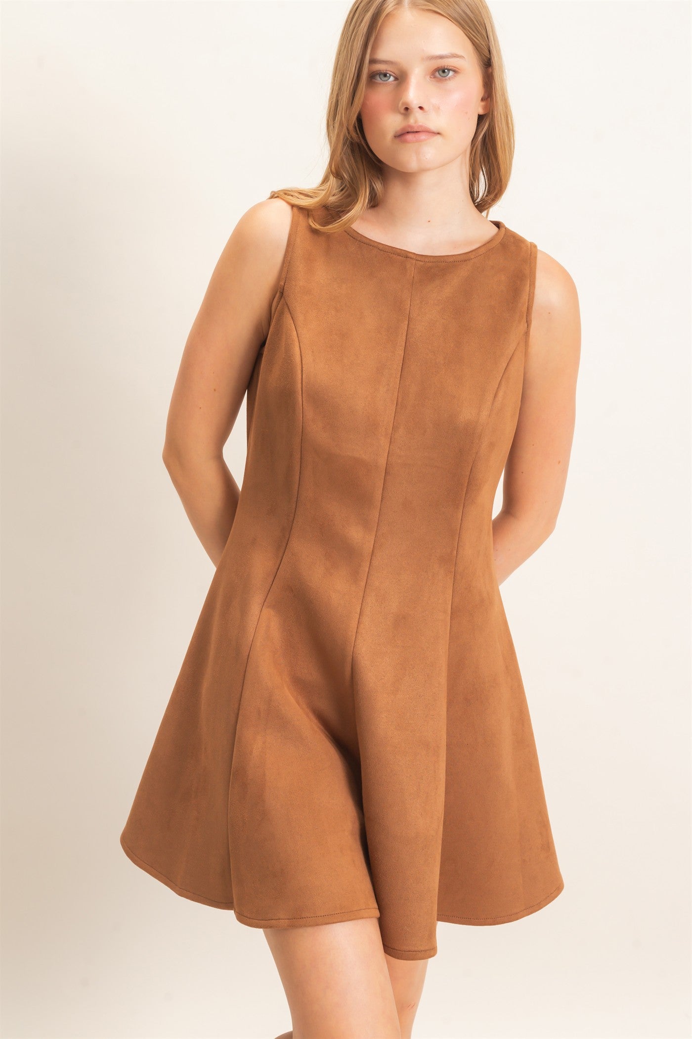Wholesale Sleeveless Suede Mini Dress Dresses HF26F218 CAMEL HYFVE