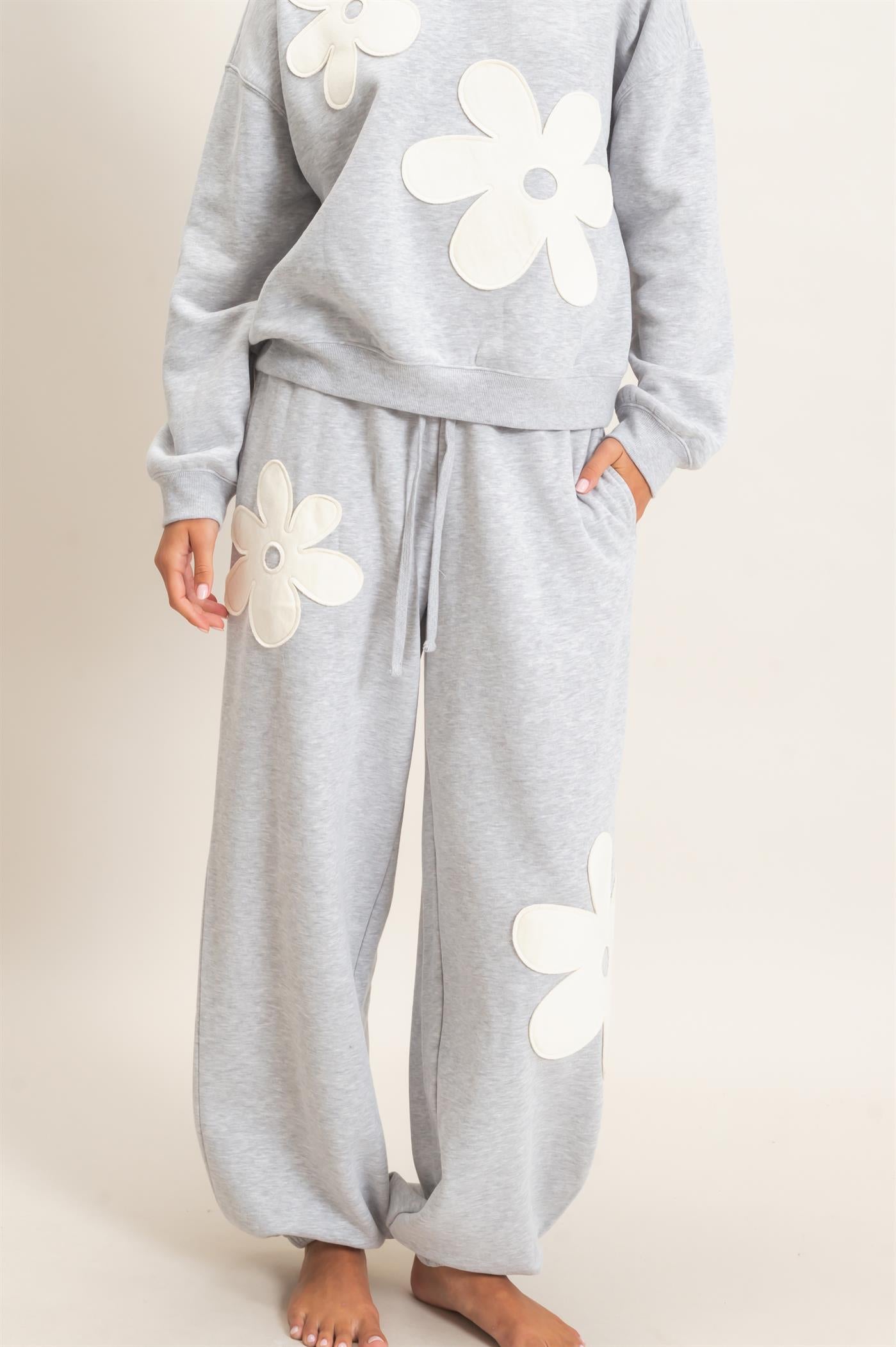 Wholesale Floral Applique Drawstring Jogger Pants Joggers DZ26F308 HEATHER GRAY DOUBLE ZERO