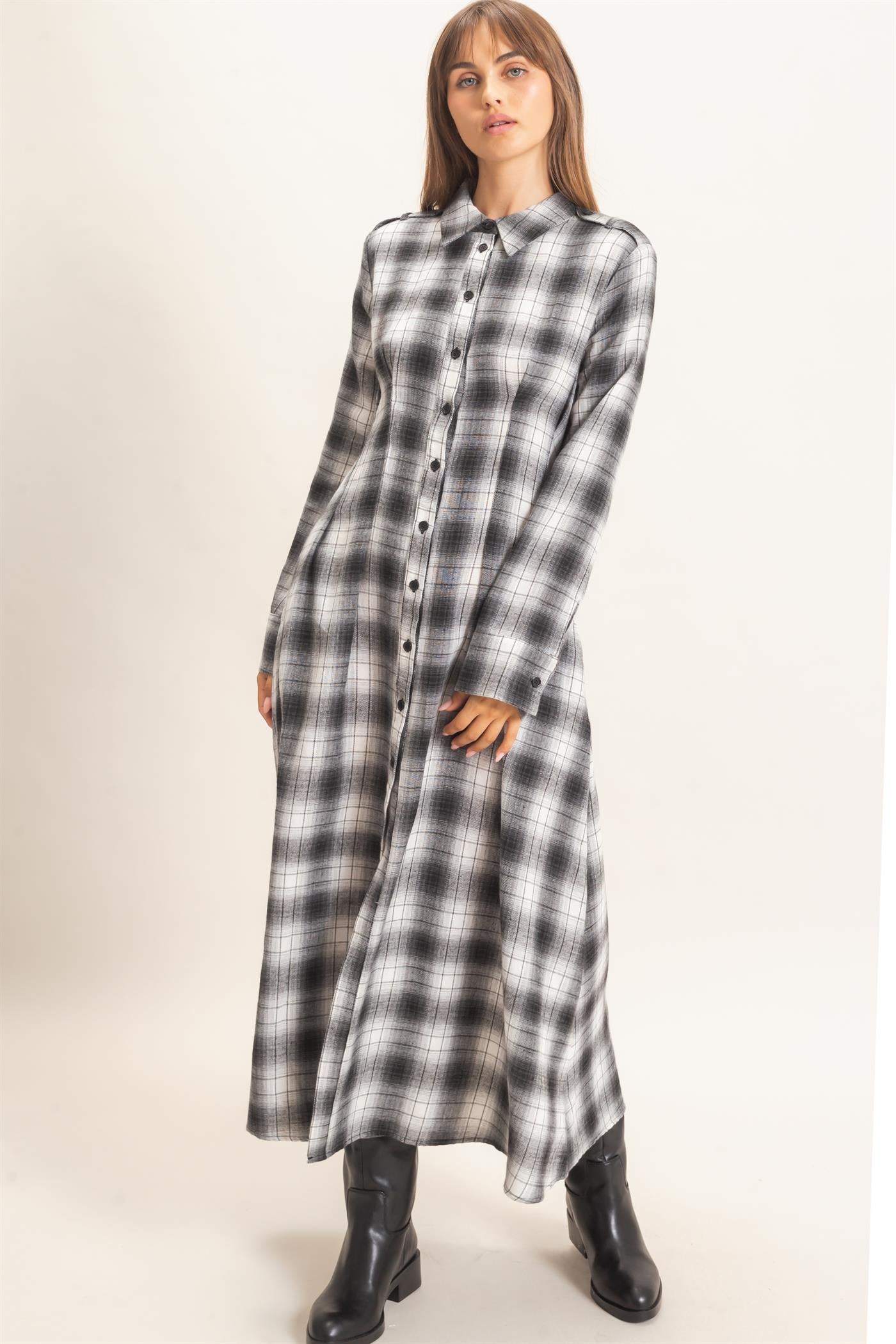 Wholesale Plaid Button-Down Maxi Dress Dresses HF26E999 BLACK HYFVE