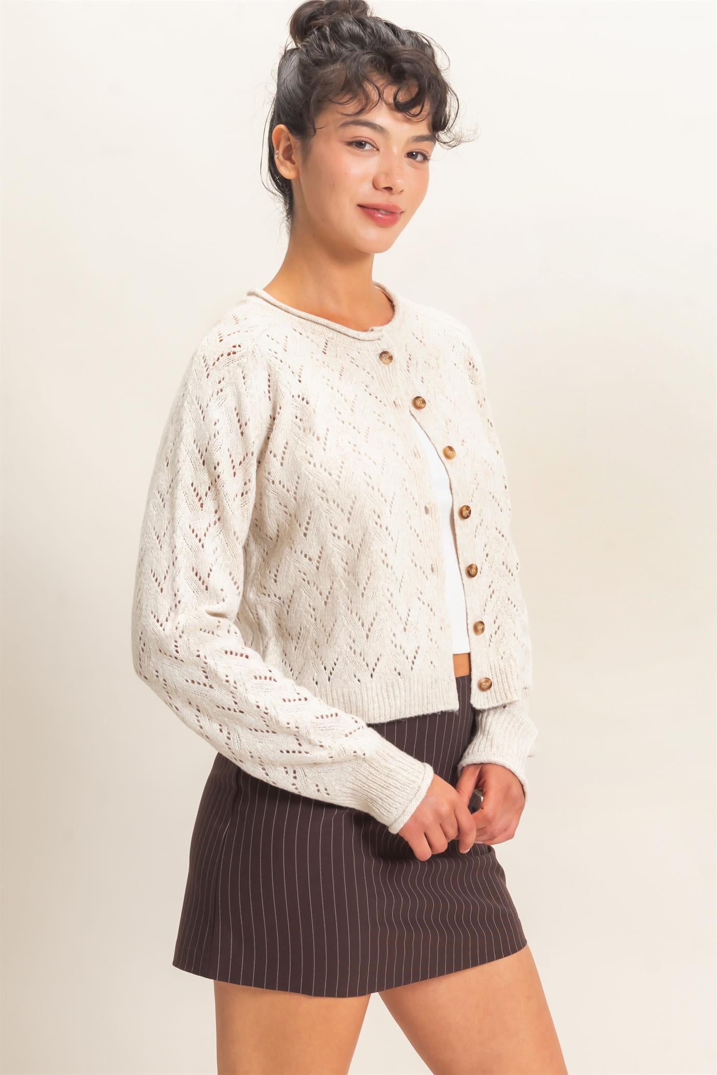 Wholesale Pointelle Knit Button Front Cardigan Cardigans DZ26C978 IVORY DOUBLE ZERO