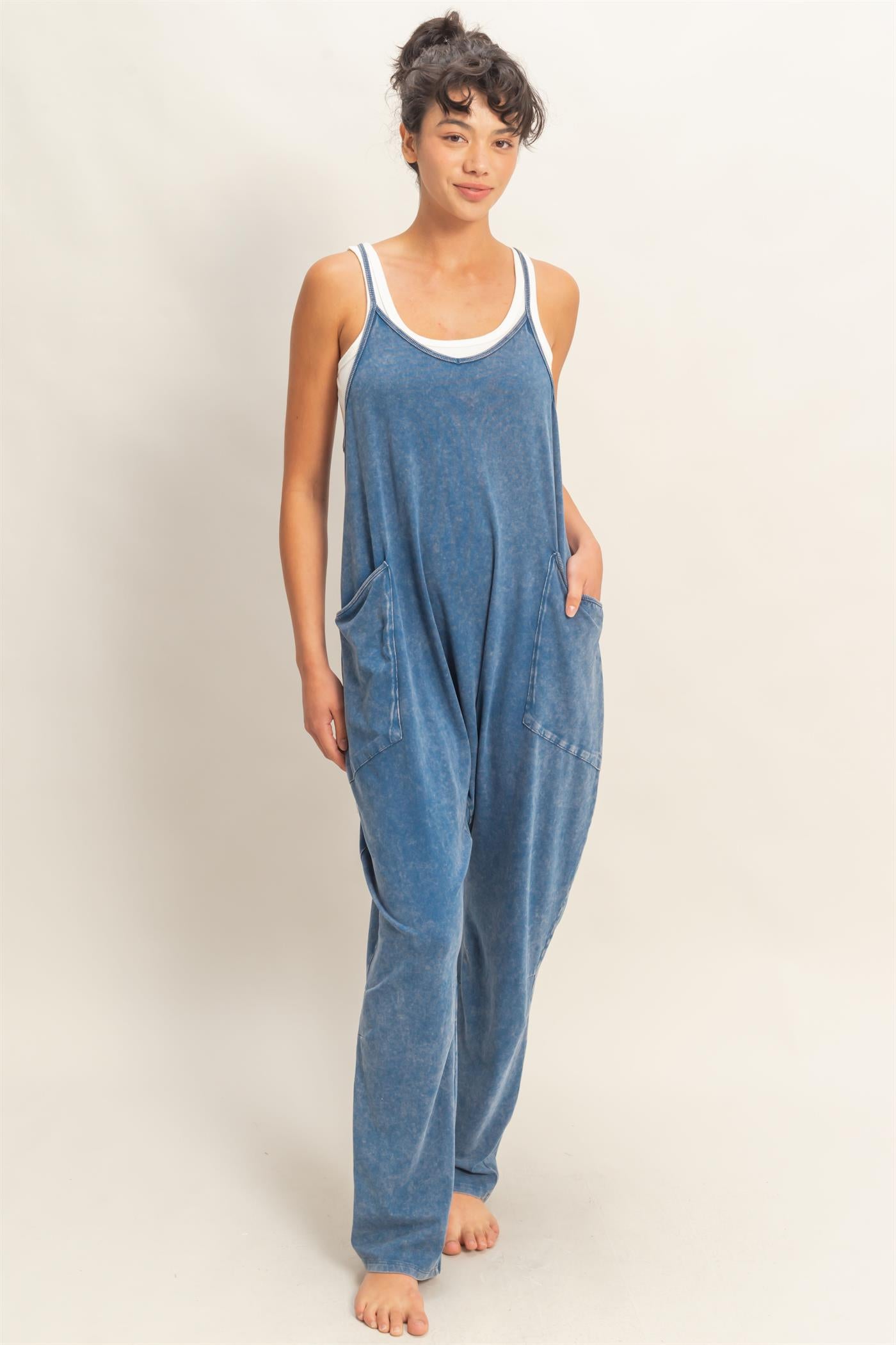 Wholesale Mineral Wash Spaghetti Strap Jumpsuit Clothing DZ26C375 NAVY DOUBLE ZERO