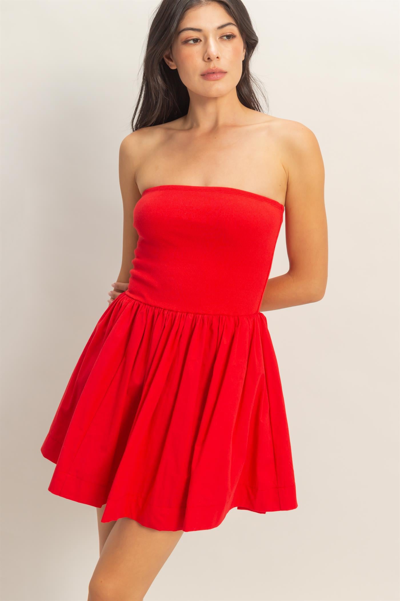 Wholesale Strapless Flowy Mini Dress Dresses DZ26C043 RED DOUBLE ZERO