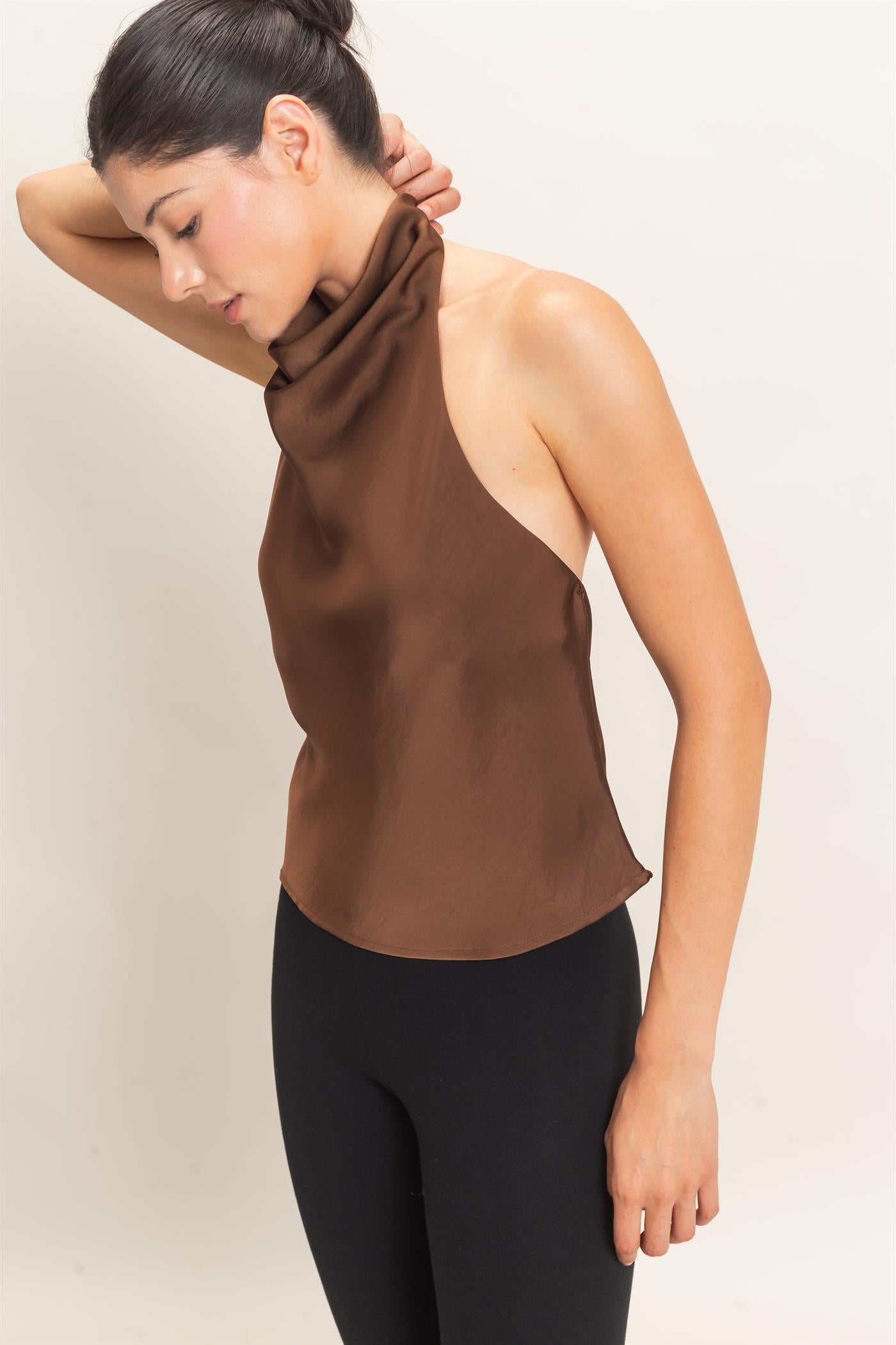 Wholesale Draped Halter Satin Top Blouses HF26E632 ESPRESSO HYFVE