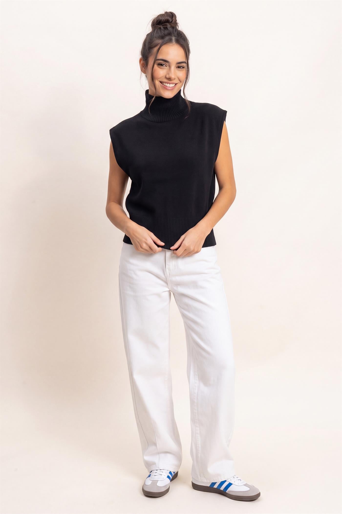 Wholesale Sleeveless High Neck Knit Top Clothing Tops DZ26E946 BLACK DOUBLE ZERO