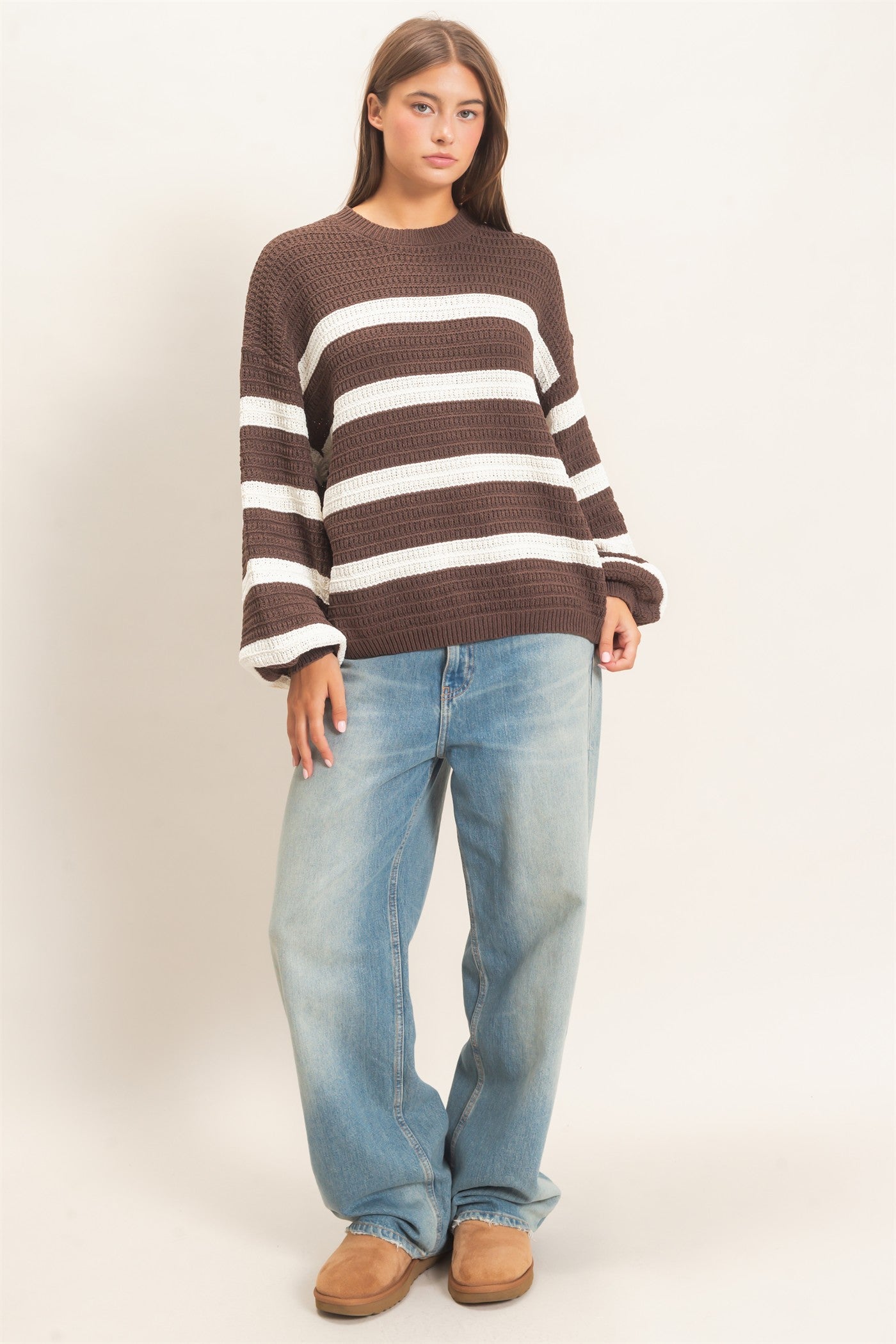 Wholesale Striped Oversized Sweater Sweaters DZ27A192 DARK BROWN DOUBLE ZERO