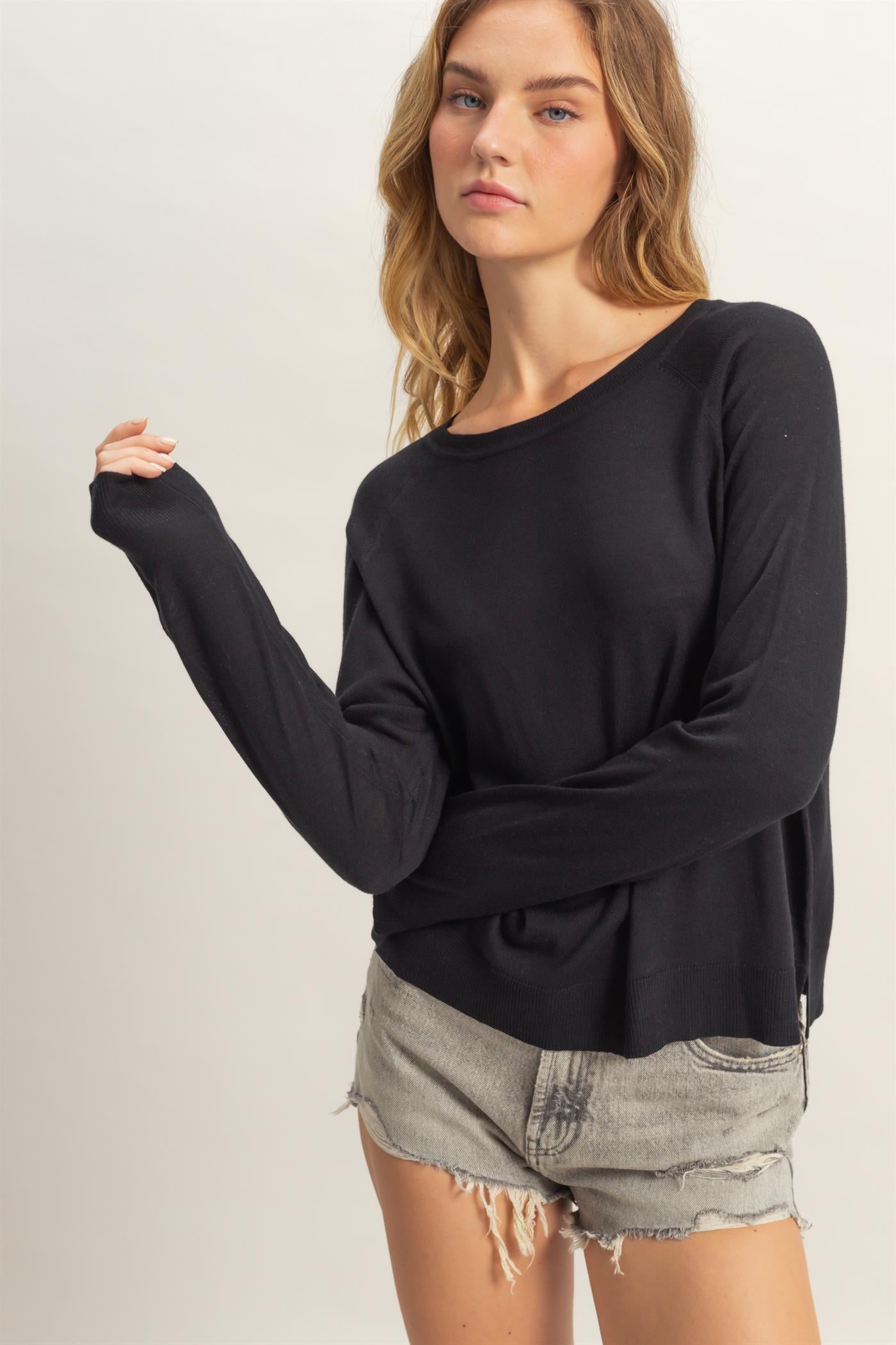 Wholesale Round Neck Raglan Sleeve Knit Top Sweaters DZ25C061 BLACK DOUBLE ZERO
