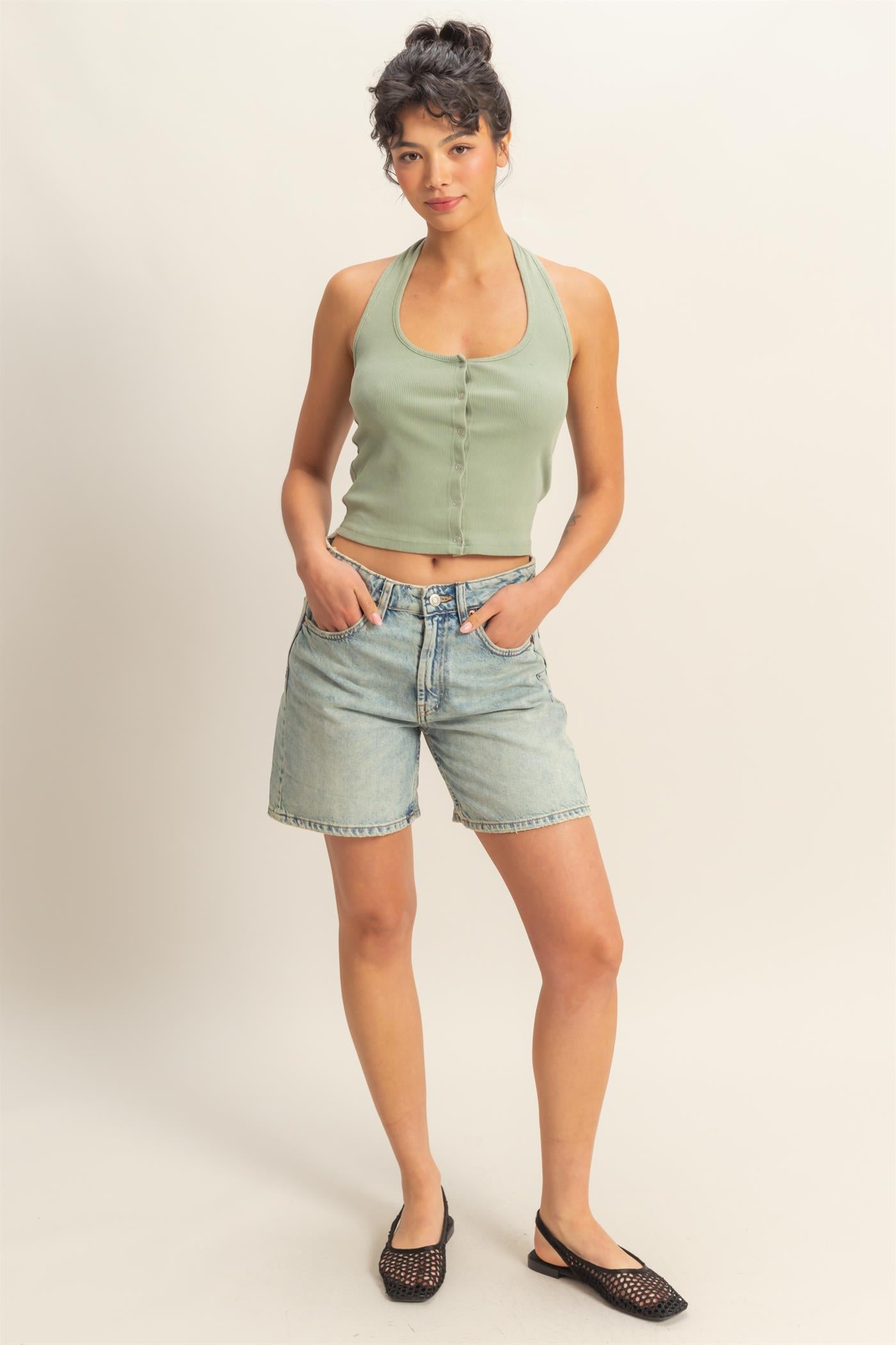 Wholesale Halter Neck Buttoned Washed Tank Top Clothing Tops DZ25A293 SAGE GREEN DOUBLE ZERO