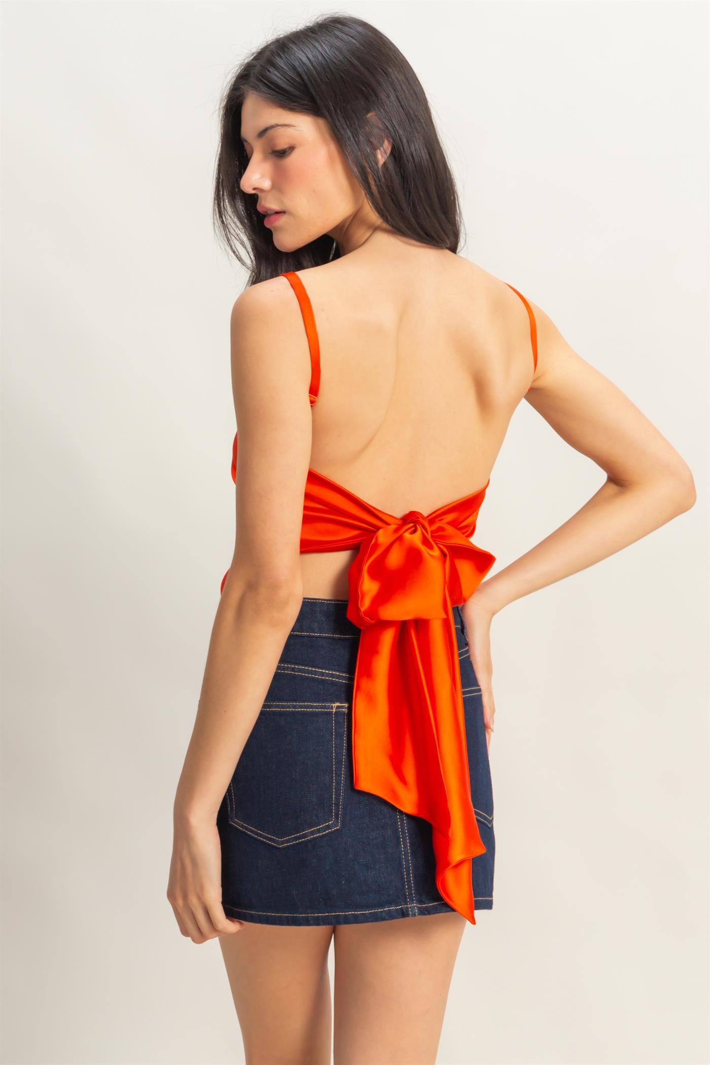 Wholesale Satin Back Tie Detail Sleeveless Top Clothing Tops DZ25C126 TOMATO DOUBLE ZERO