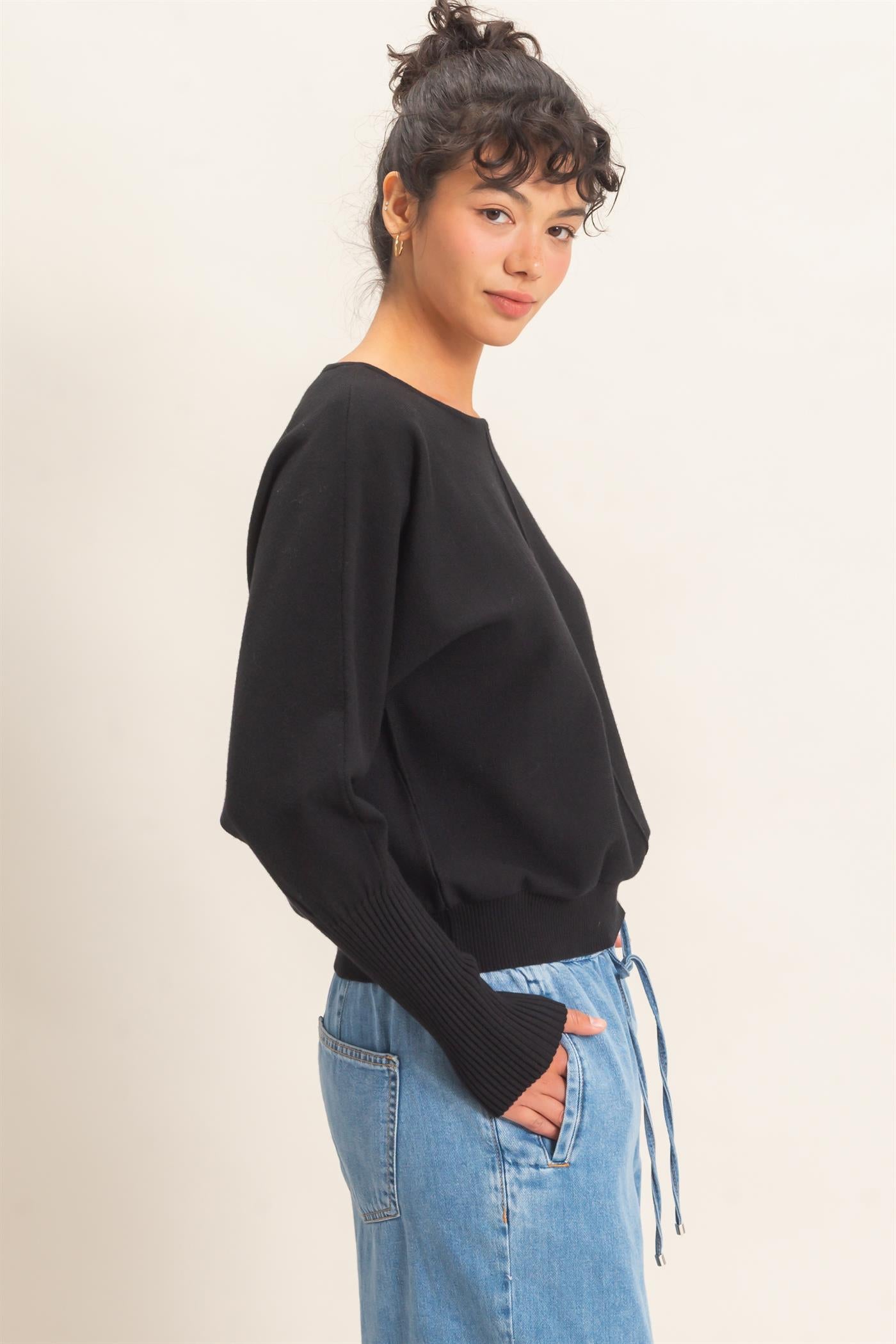 Wholesale Batwing Sleeve Center Seam Sweater Sweaters DZ26E079 BLACK DOUBLE ZERO
