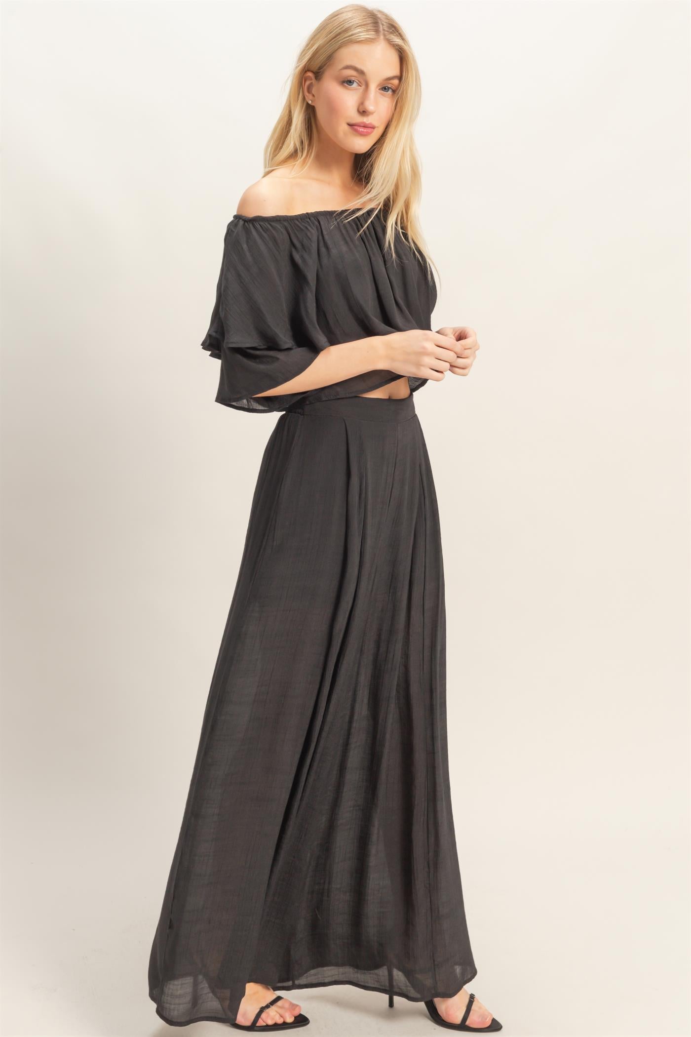 Wholesale Off Shoulder Top & Pleated Pant Set Clothing HF26C291-SET-D BLACK HYFVE