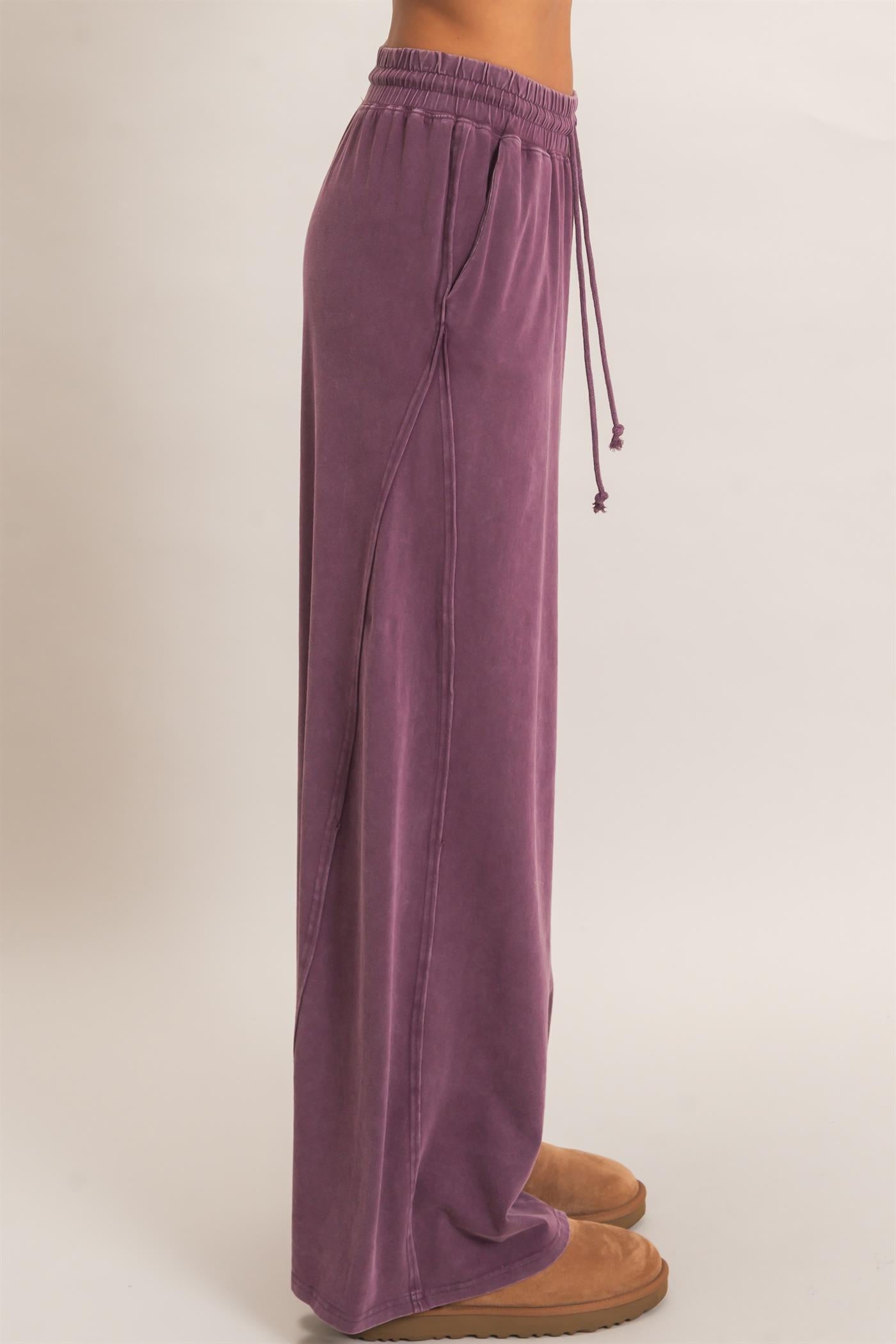 Wholesale Wide Leg Mineral Wash Pants Pants DZ26F406 DARK CHERRY DOUBLE ZERO