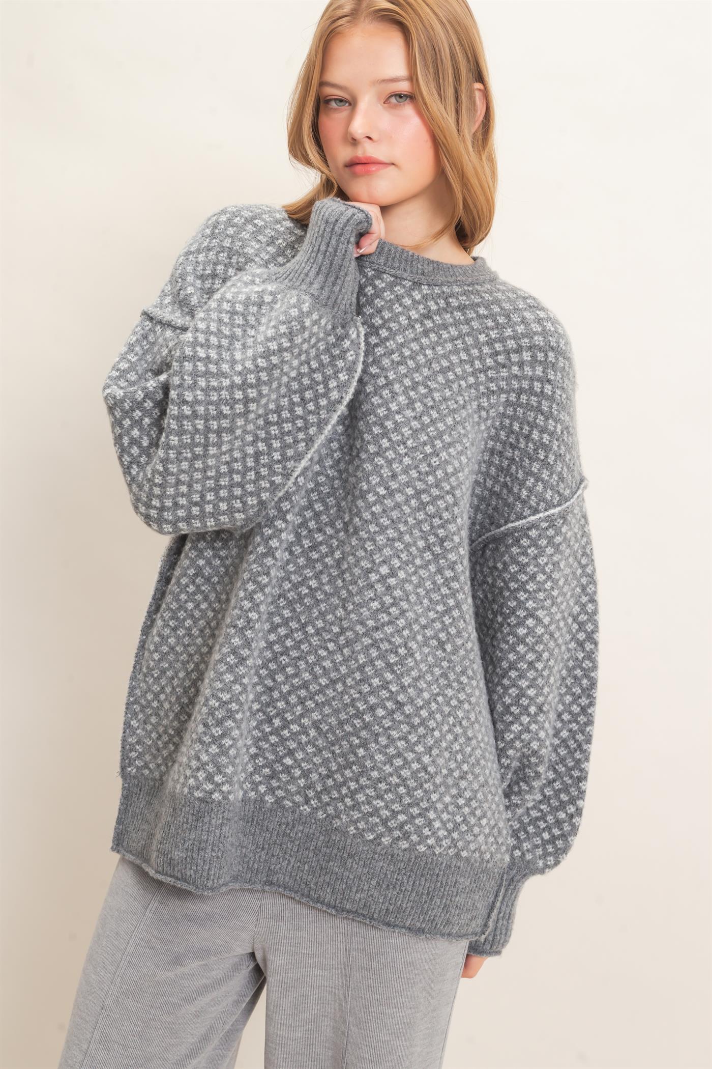 Wholesale Diamond Jacquard Knit Sweater Sweaters HF26E891 GRAY HYFVE