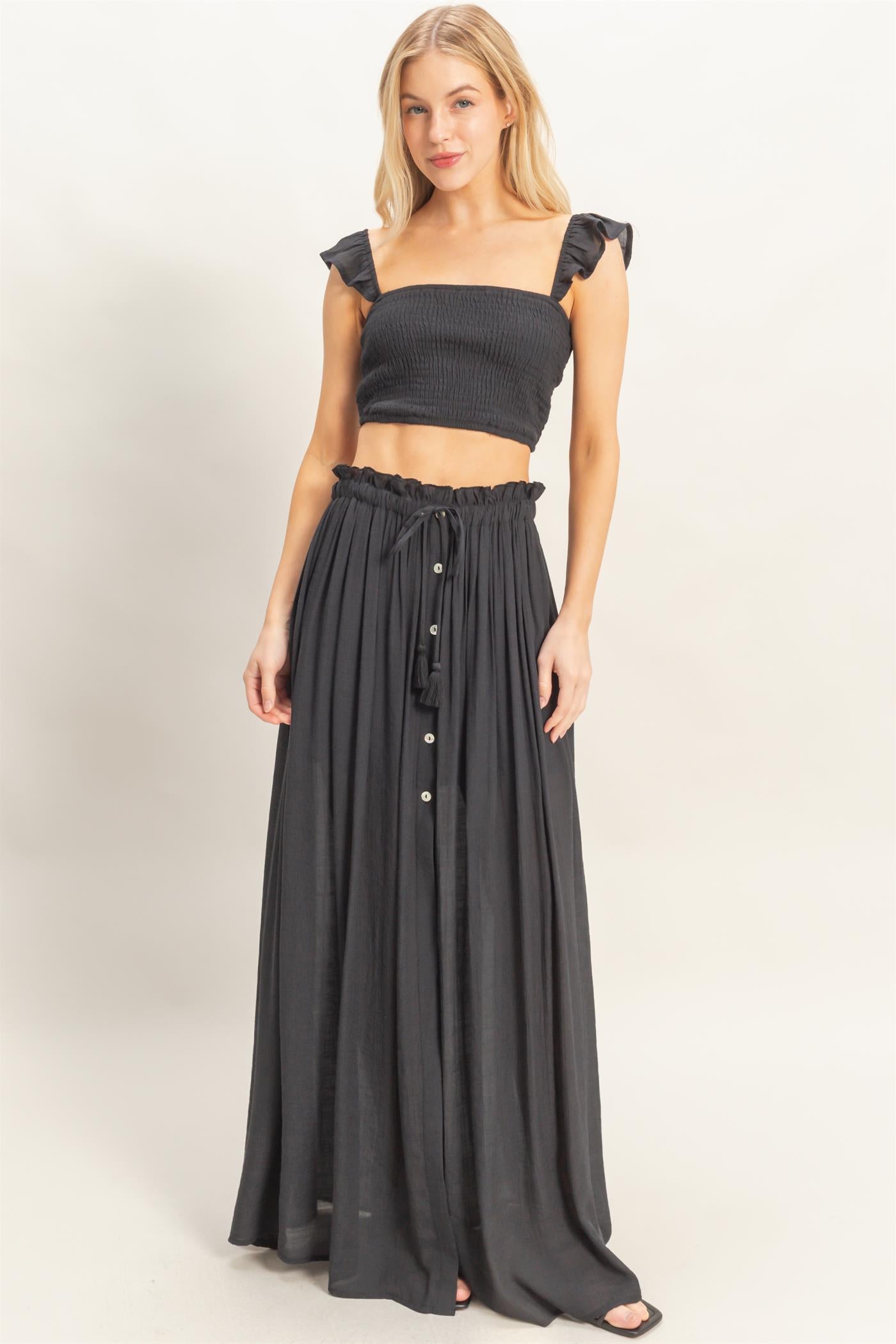 Wholesale Smocked Top & Maxi Skirt Set Clothing HF26C292-SET-D BLACK HYFVE