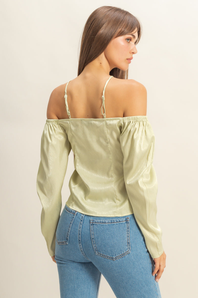 Wholesale Tie-Front Off-Shoulder Blouse Clothing Tops FS22E859 SAGE HYFVE