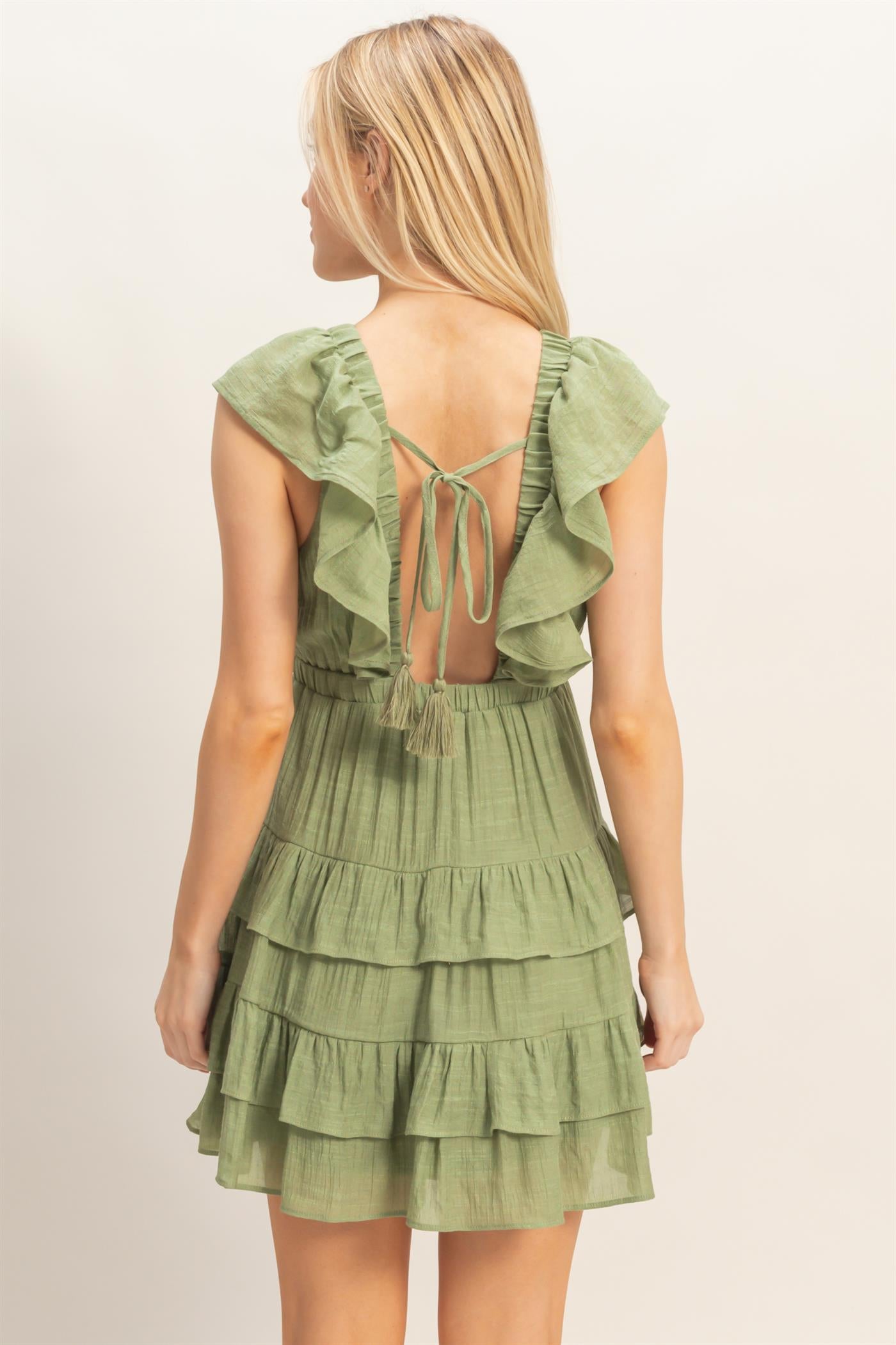 Wholesale Ruffle V-Neck Tiered Mini Dress Dresses HF26C283-D LIGHT OLIVE DOUBLE ZERO