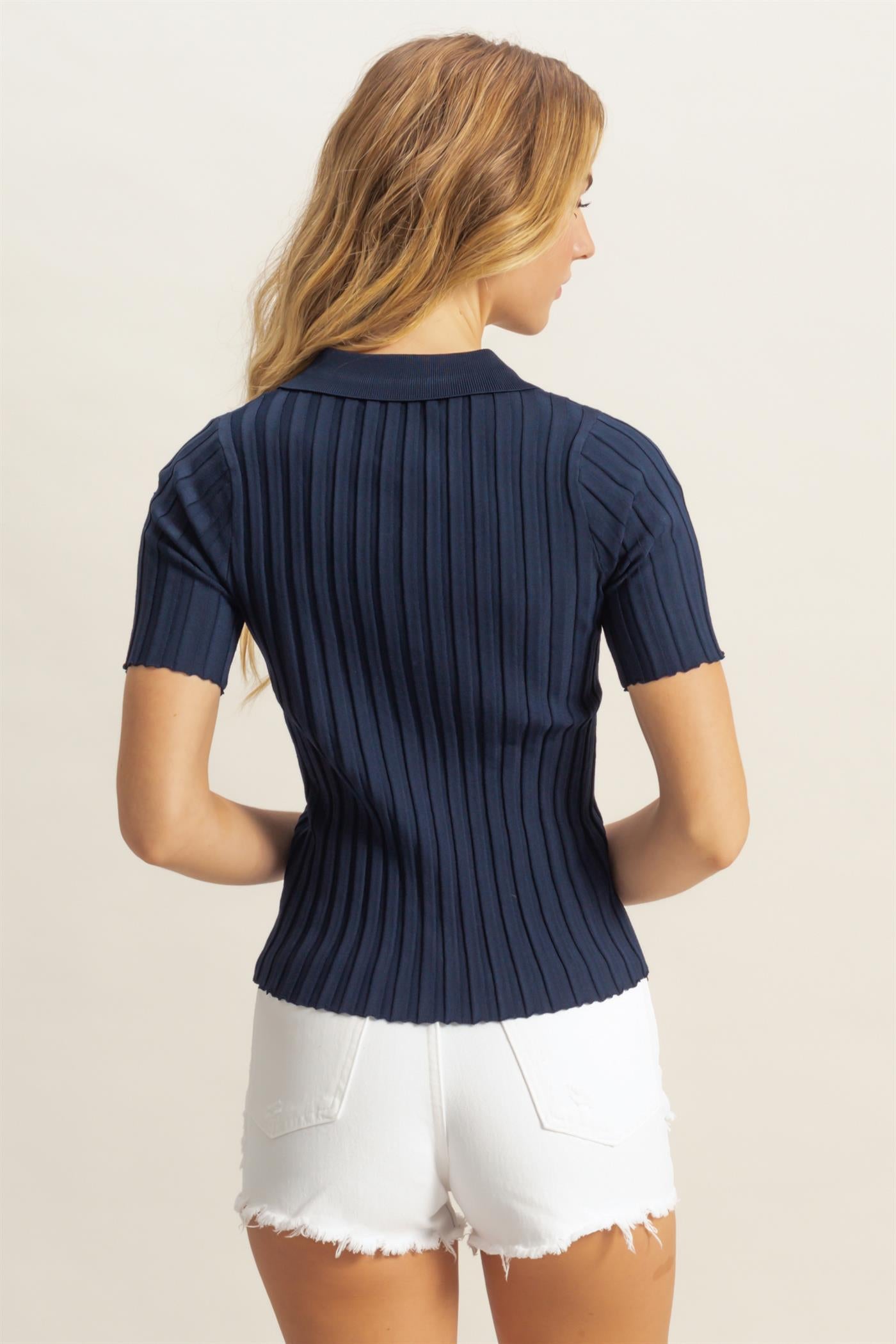 Wholesale Rib Knitted Short Sleeve Polo Top Clothing Tops DZ25C246 NAVY DOUBLE ZERO