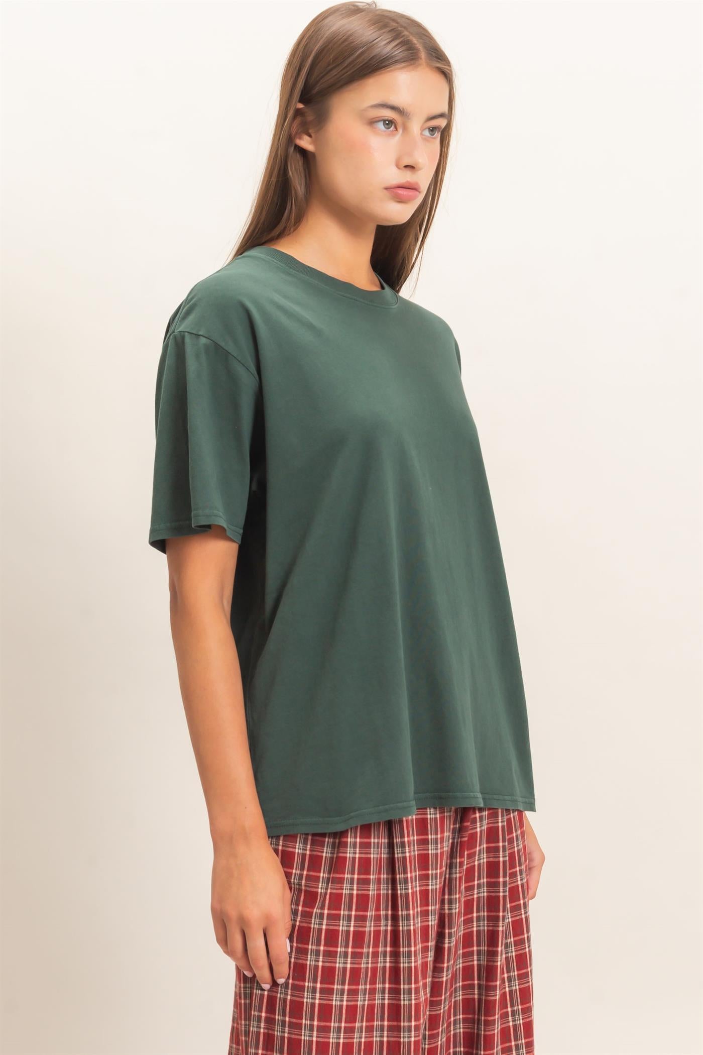 Wholesale Crew Neck Pigment Dye T-Shirt Clothing Tops DZ26E448 DARK GREEN DOUBLE ZERO