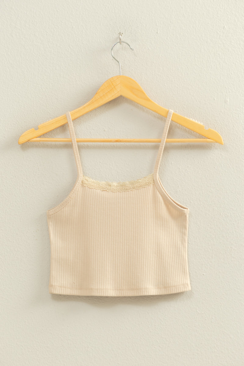 Wholesale Ribbed Lace Detail Cami Crop Top Clothing Tops DZ22C573 KHAKI DOUBLE ZERO
