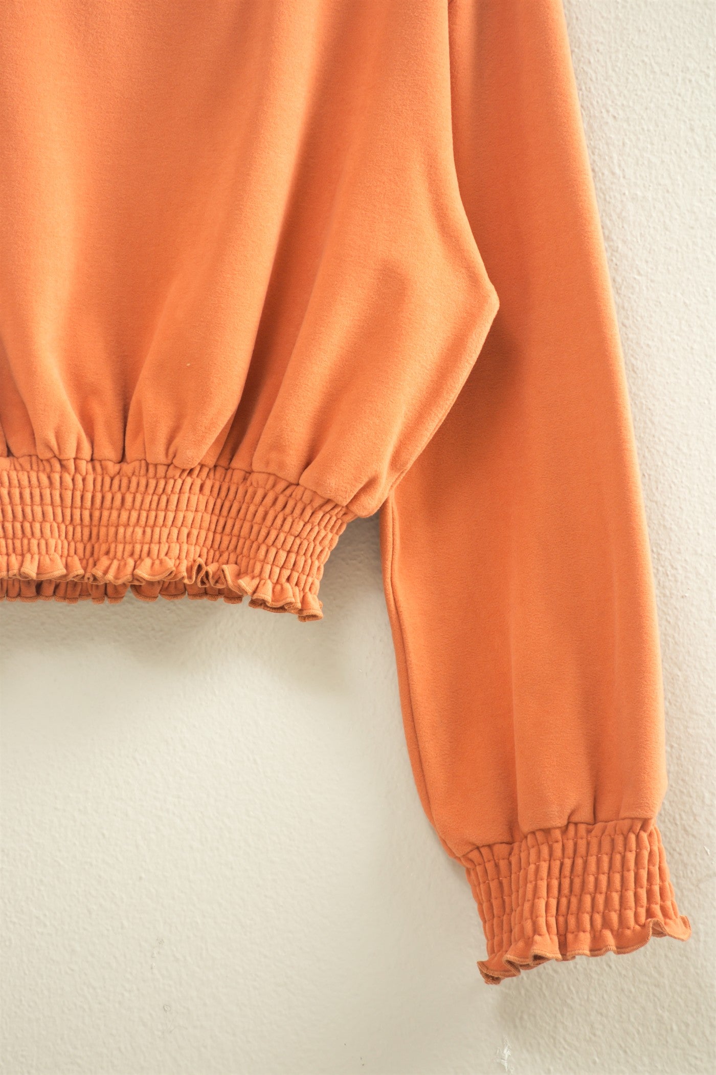 Wholesale Brushed Knit Smocked Crop Top Clothing Tops HF24C116 CARAMEL HYFVE