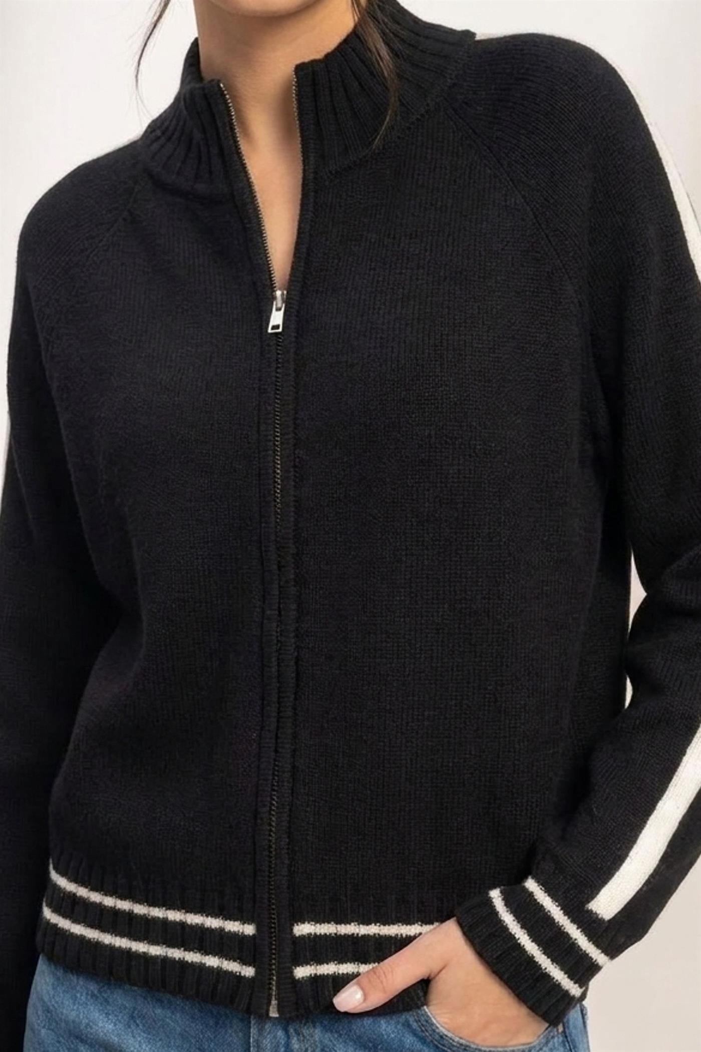 Wholesale Contrast Stripe Zip-Up Sweater Sweaters DZ26E861 BLACK DOUBLE ZERO