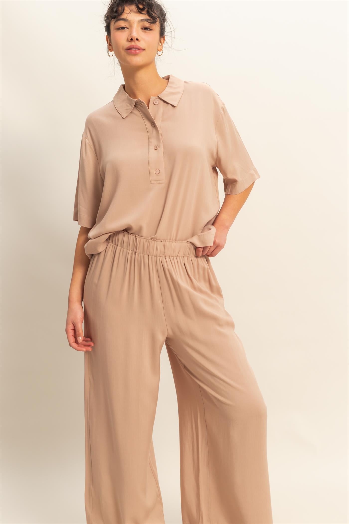 Wholesale High Waist Woven Wide Leg Pants Pants DZ25C192 DARK TAUPE DOUBLE ZERO