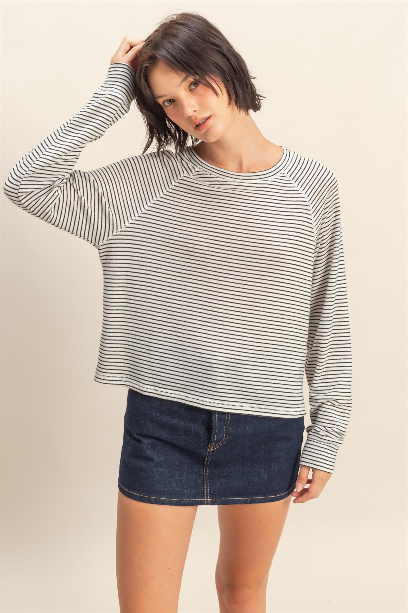 Wholesale Striped Raglan Long Sleeve Top Clothing Tops DZ25E600 CREAM/BLACK DOUBLE ZERO