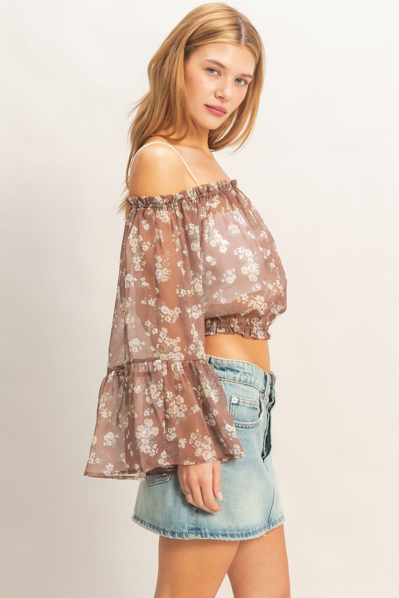 Wholesale Floral Off Shoulder Top Blouses HF26E647 BROWN HYFVE