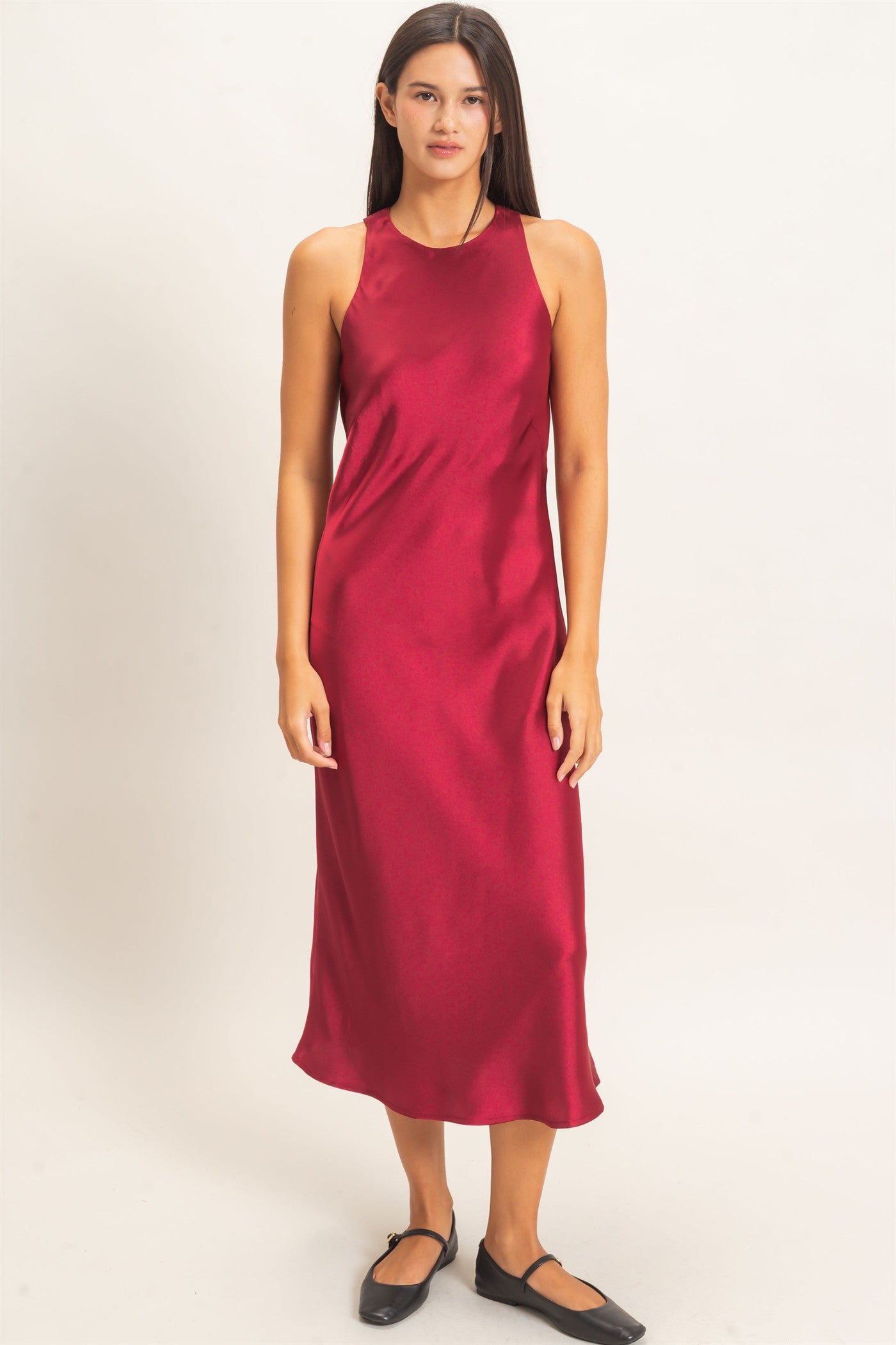Wholesale Sleeveless Satin Midi Dress Dresses DZ26E257 BURGUNDY DOUBLE ZERO