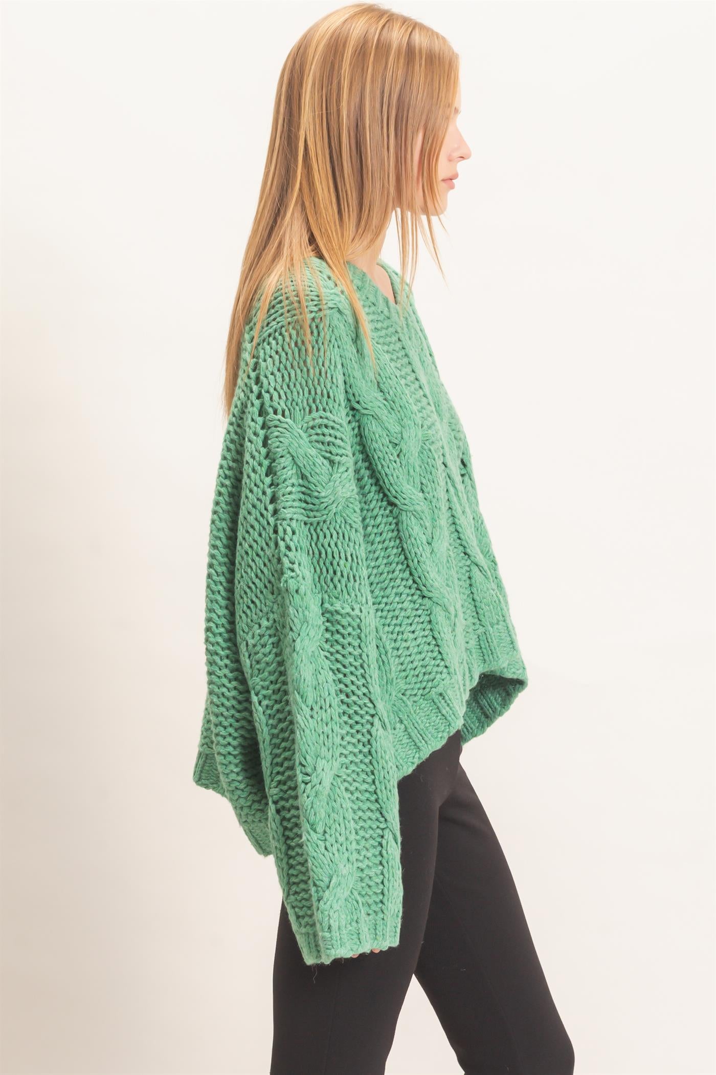 Wholesale Cable Knit V-Neck Sweater Sweaters HF26F175-D GREEN HYFVE