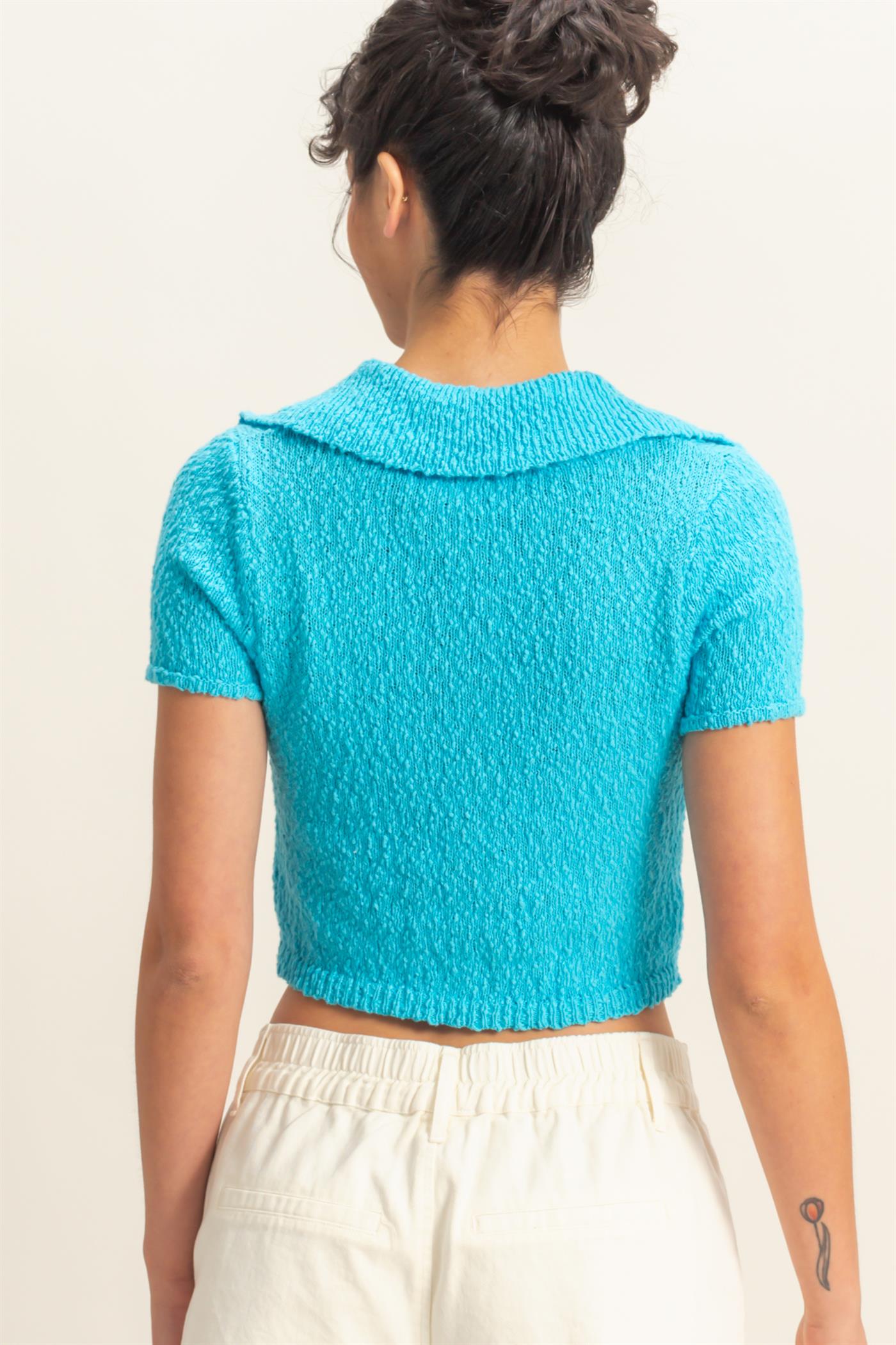 Wholesale Everyday Button-Front Crop Sweater Top Clothing Tops DZ25C171 AQUA BLUE DOUBLE ZERO