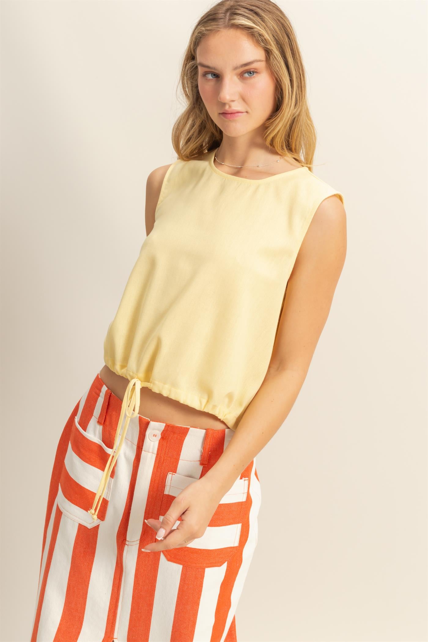 Wholesale Sand Washed Sleeveless Crop Top Clothing Tops DZ25C515 CREAMY YELLOW DOUBLE ZERO