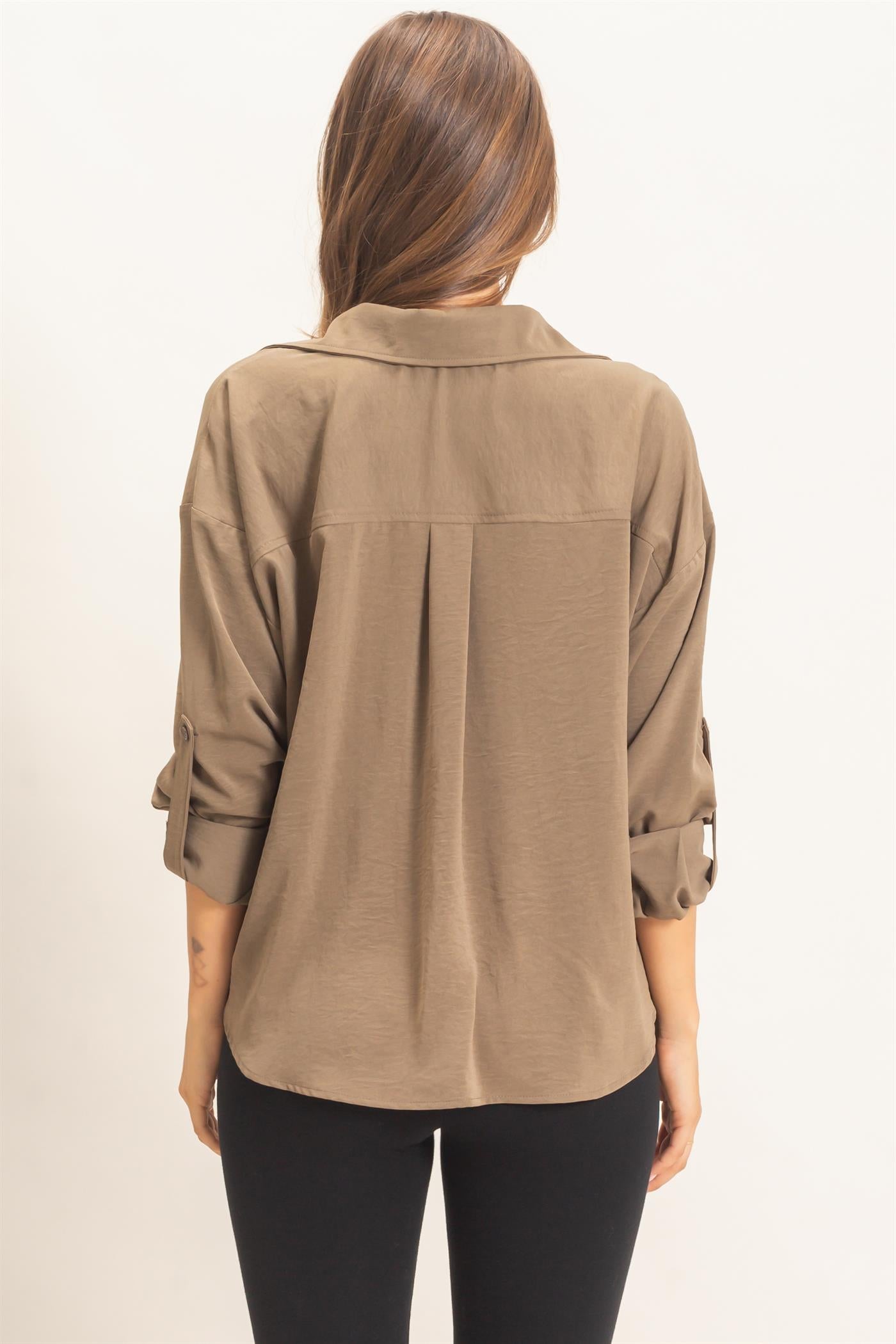Wholesale Button-Up Dolman Sleeve Top Shirts HF26F070 OLIVE HYFVE