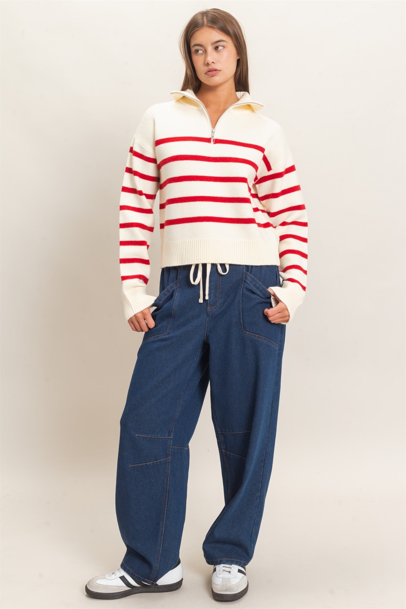 Wholesale Half-Zip Collared Stripe Sweater Sweaters DZ26E950 RED DOUBLE ZERO