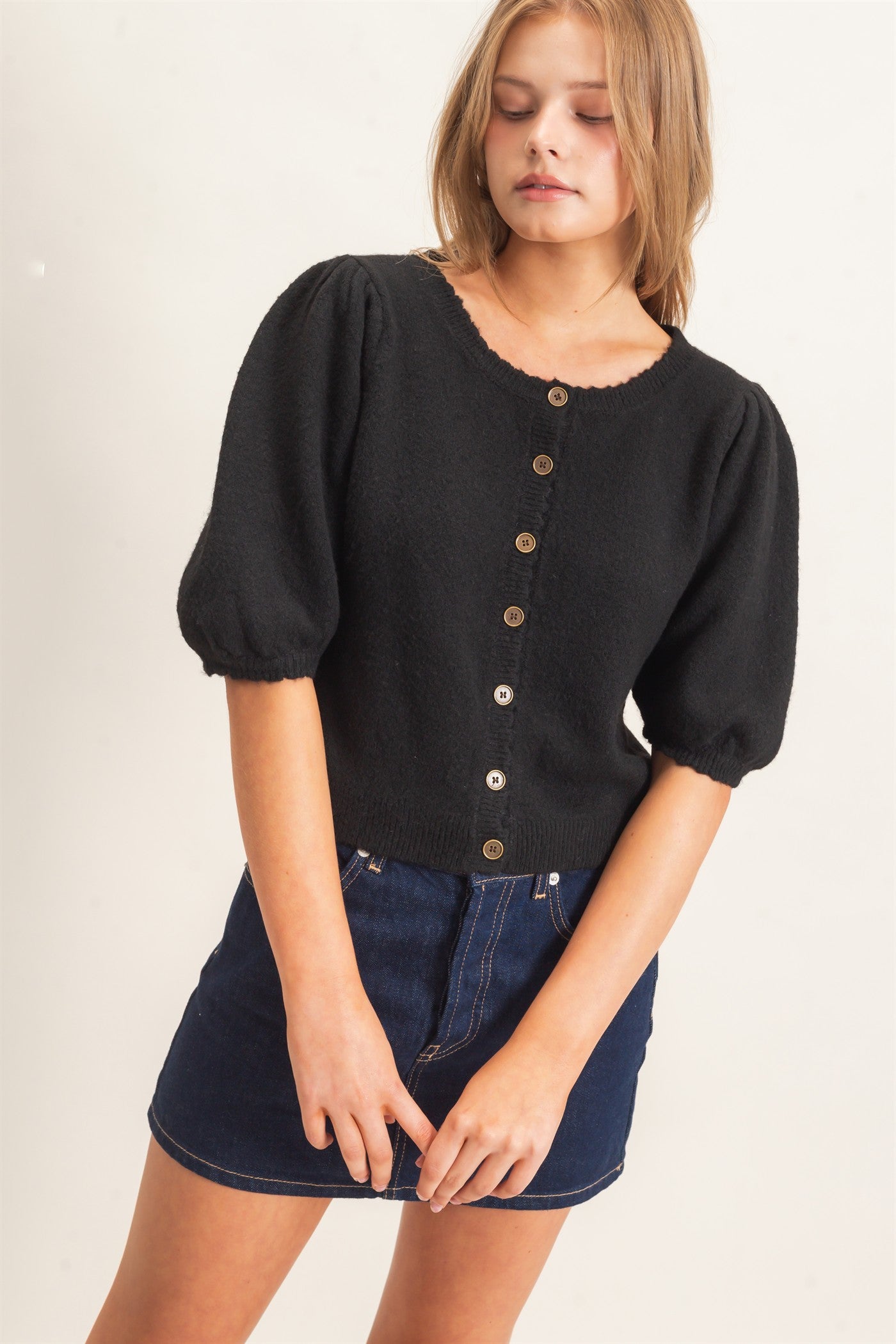 Wholesale Button-Up Puff Sleeve Sweater Cardigan Cardigans HF26E165 BLACK HYFVE