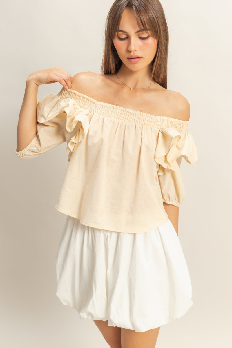 Wholesale Ruffled Short Sleeve Top Clothing Tops HF22C757 SAND HYFVE